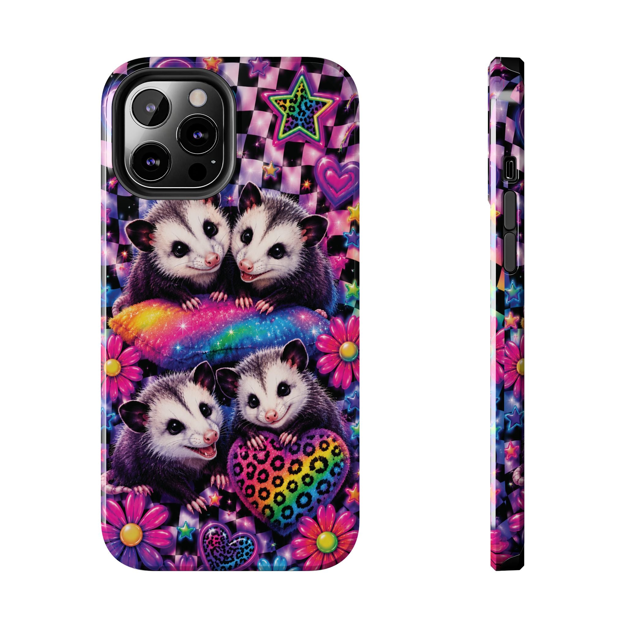Cute 90's Retro Opossums Phone Case | Neon Flowers, Checkerboard Design Iphone Samsung Phone Case