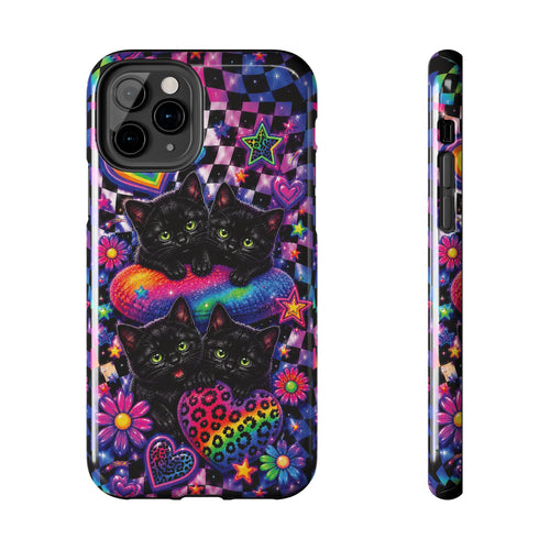 Cute 90's Retro Black Cats Phone Case | Neon Flowers, Checkerboard Design Iphone Samsung Phone Case