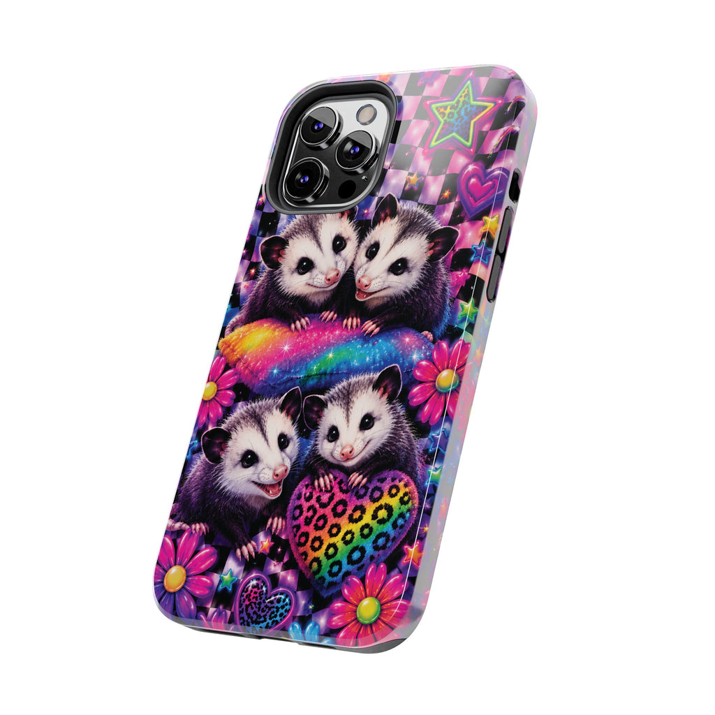 Cute 90's Retro Opossums Phone Case | Neon Flowers, Checkerboard Design Iphone Samsung Phone Case