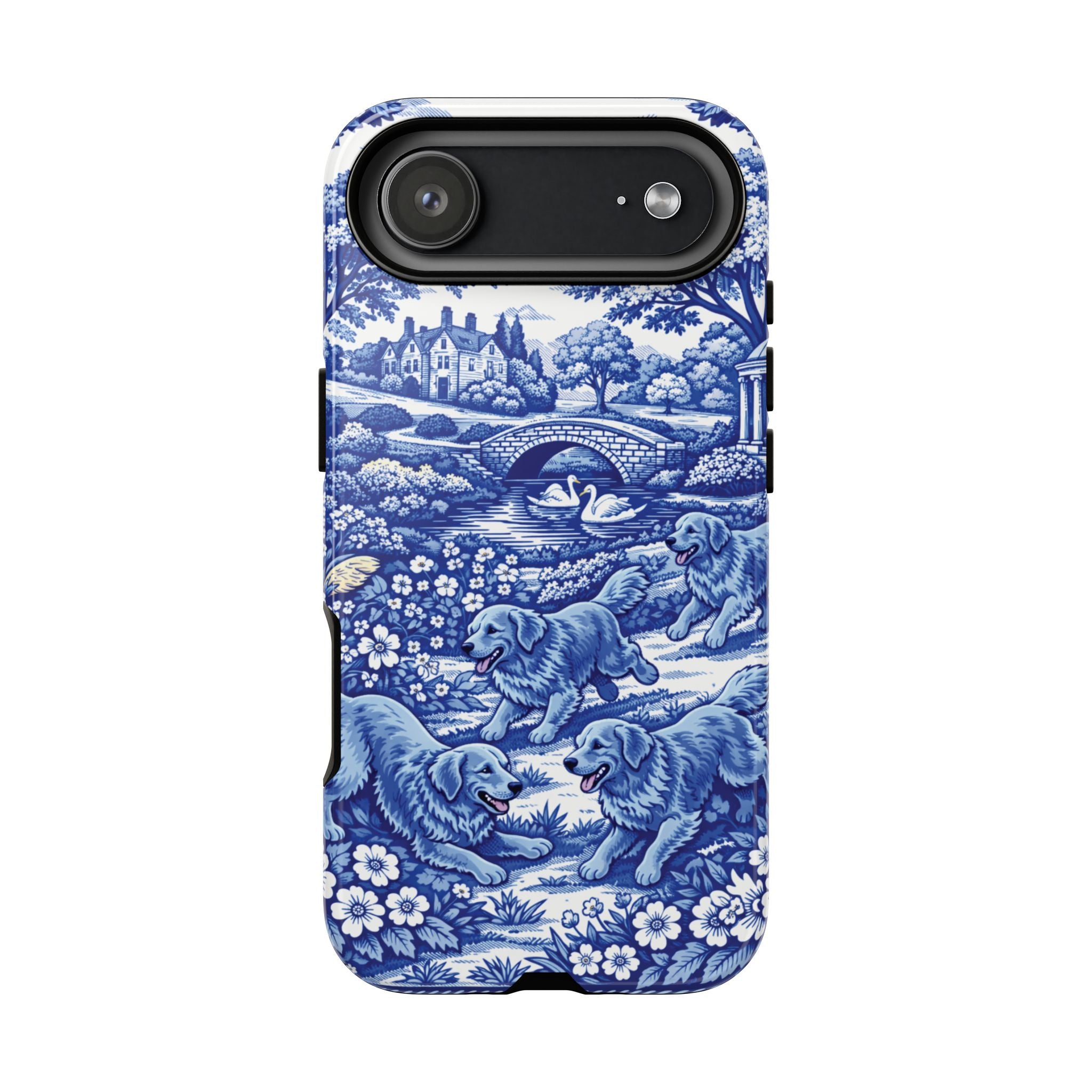 Golden Retriever Tough Phone Case, Chinoiserie Blue Dog Pattern, French Toile Aesthetic