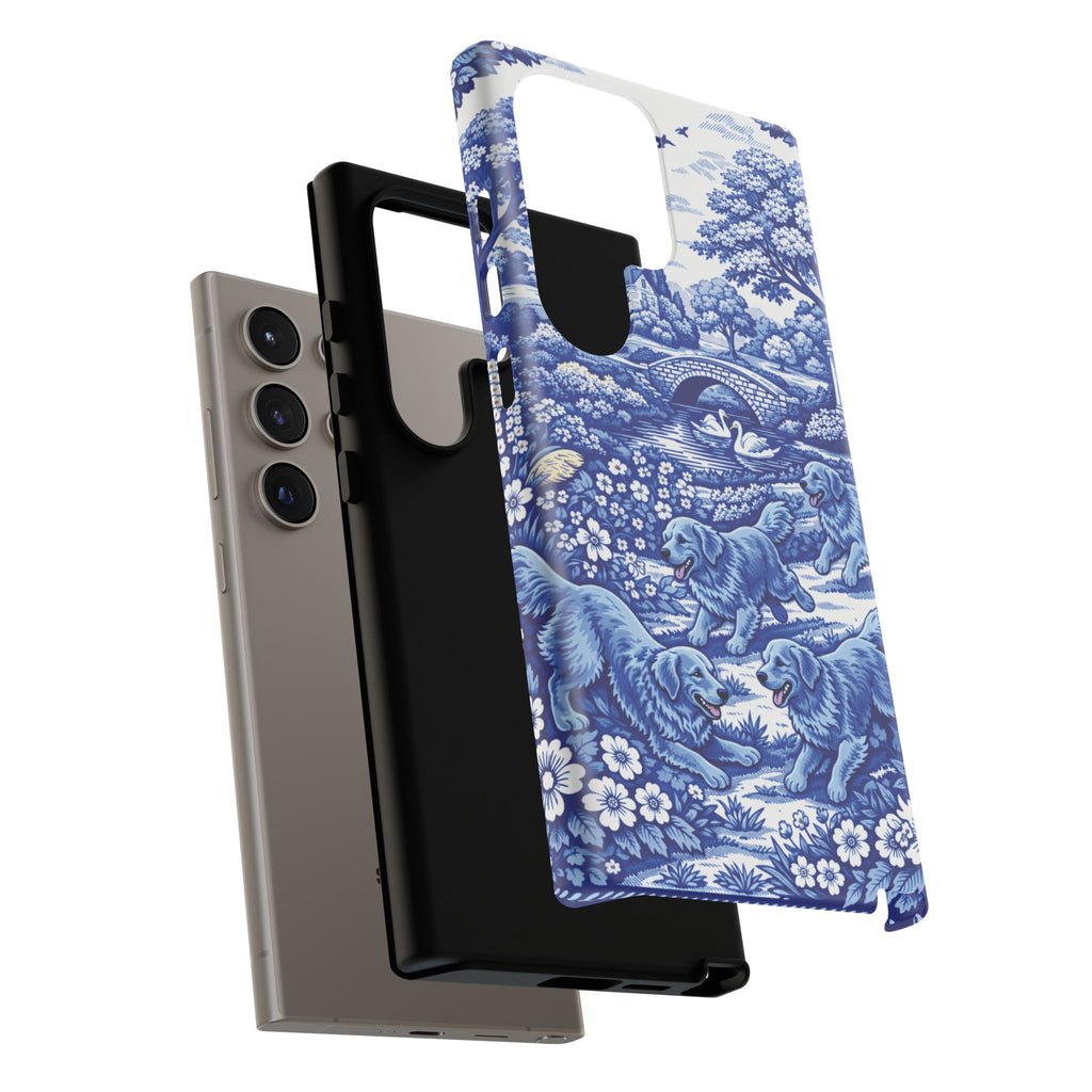 Golden Retriever Tough Phone Case, Chinoiserie Blue Dog Pattern, French Toile Aesthetic
