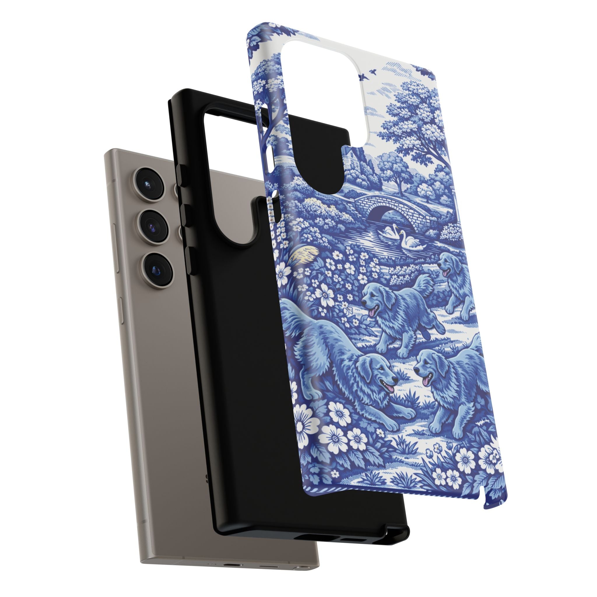 Golden Retriever Tough Phone Case, Chinoiserie Blue Dog Pattern, French Toile Aesthetic