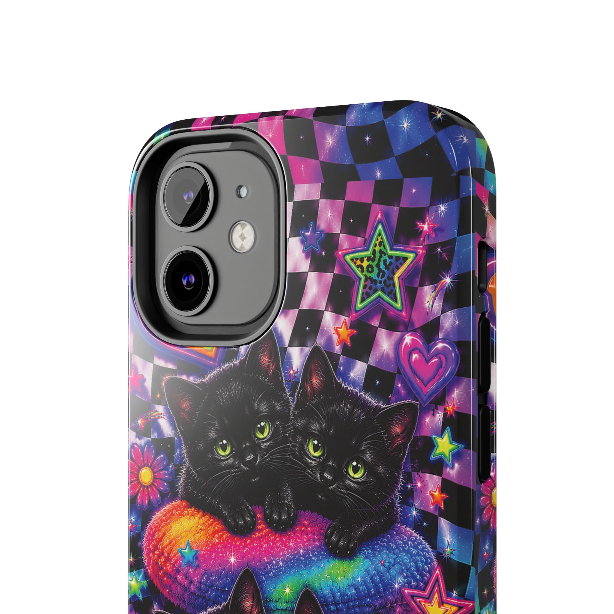 Cute 90's Retro Black Cats Phone Case | Neon Flowers, Checkerboard Design Iphone Samsung Phone Case