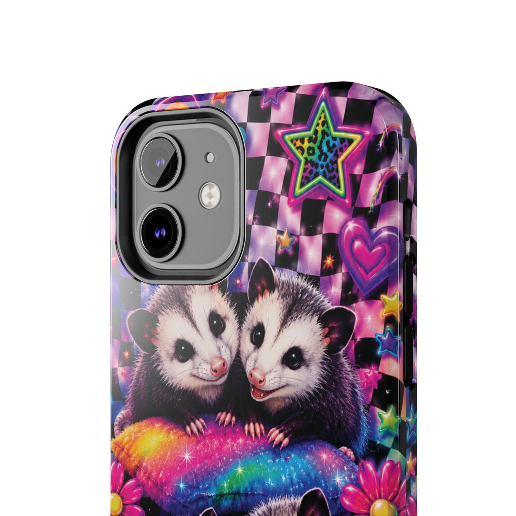 Cute 90's Retro Opossums Phone Case | Neon Flowers, Checkerboard Design Iphone Samsung Phone Case
