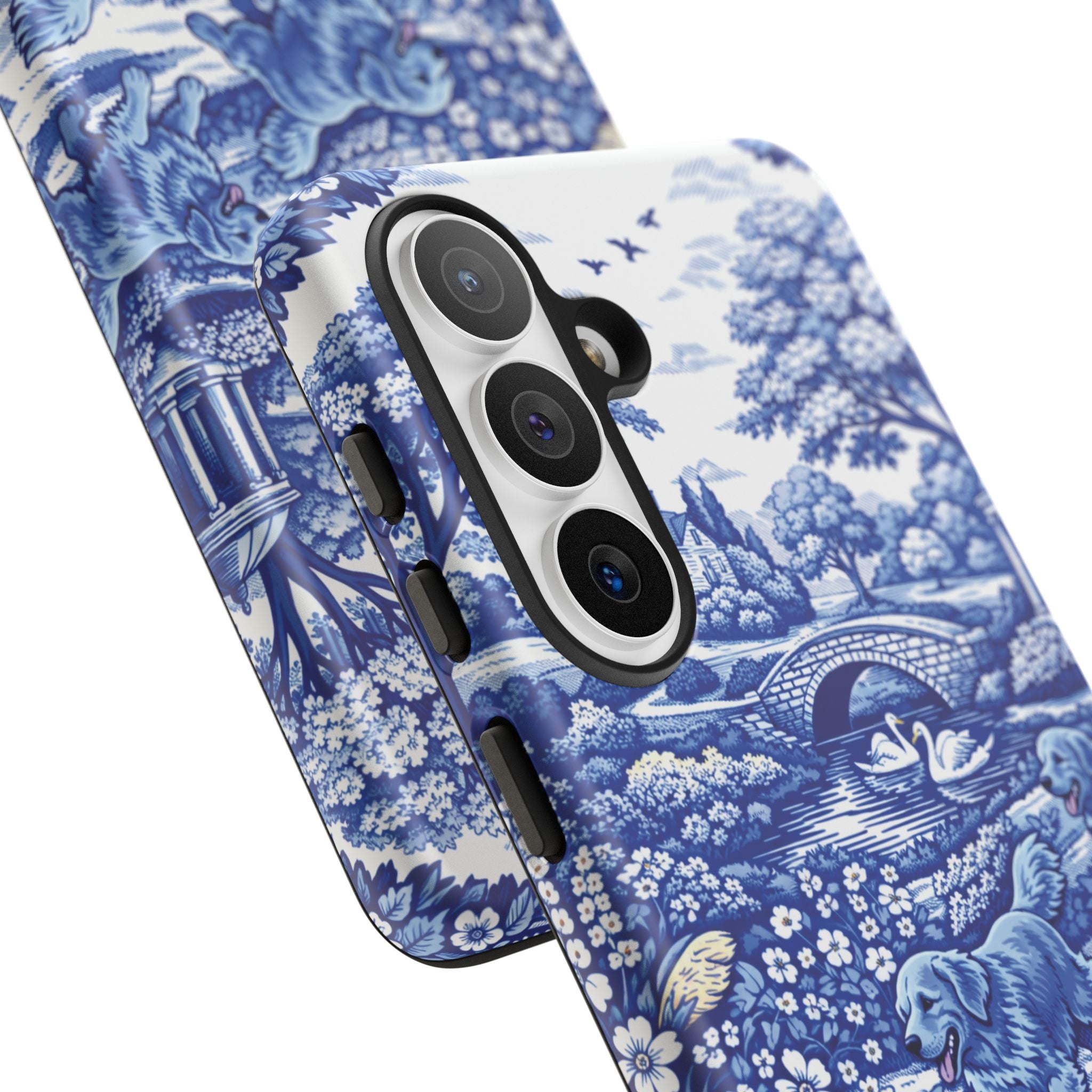 Golden Retriever Tough Phone Case, Chinoiserie Blue Dog Pattern, French Toile Aesthetic