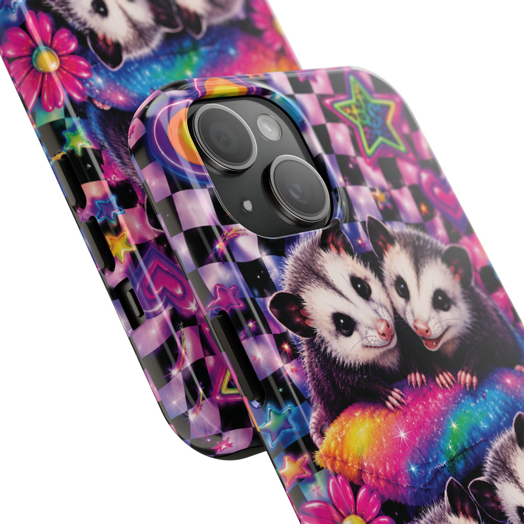 Cute 90's Retro Opossums Phone Case | Neon Flowers, Checkerboard Design Iphone Samsung Phone Case