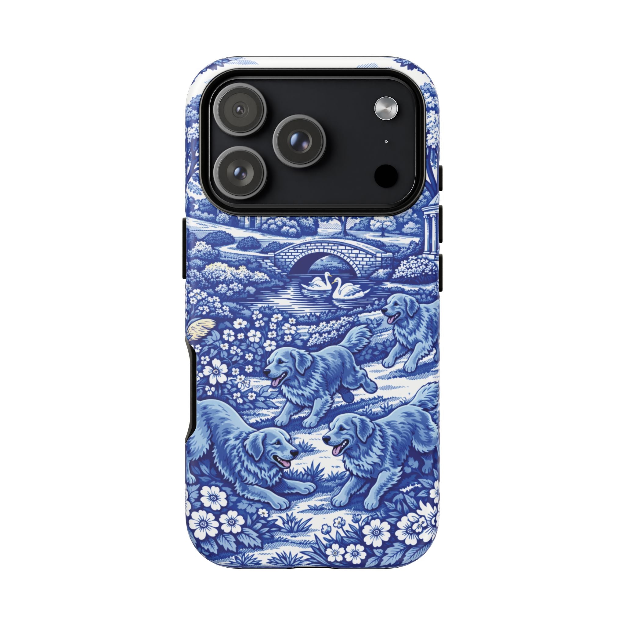 Golden Retriever Tough Phone Case, Chinoiserie Blue Dog Pattern, French Toile Aesthetic
