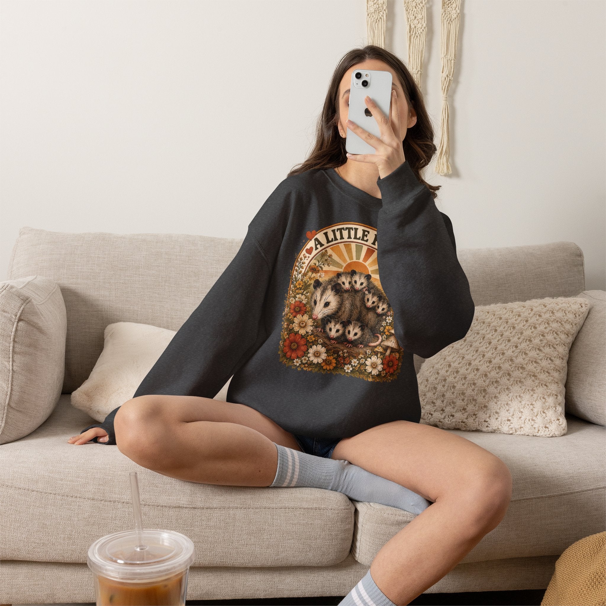 Retro Cute Opossum Sweatshirt | Vintage Floral Design, 1970's Style Sweatshirt Graphic