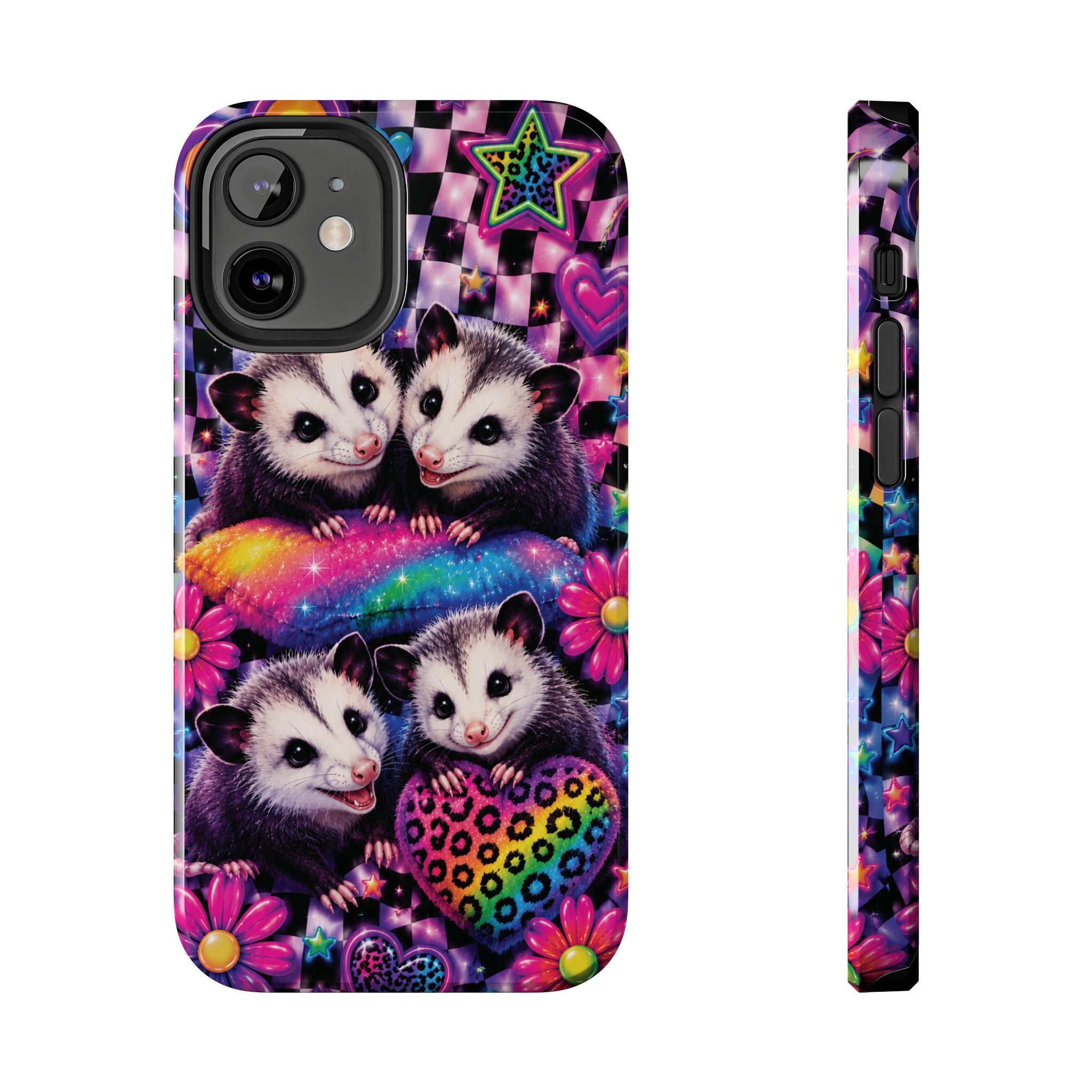 Cute 90's Retro Opossums Phone Case | Neon Flowers, Checkerboard Design Iphone Samsung Phone Case