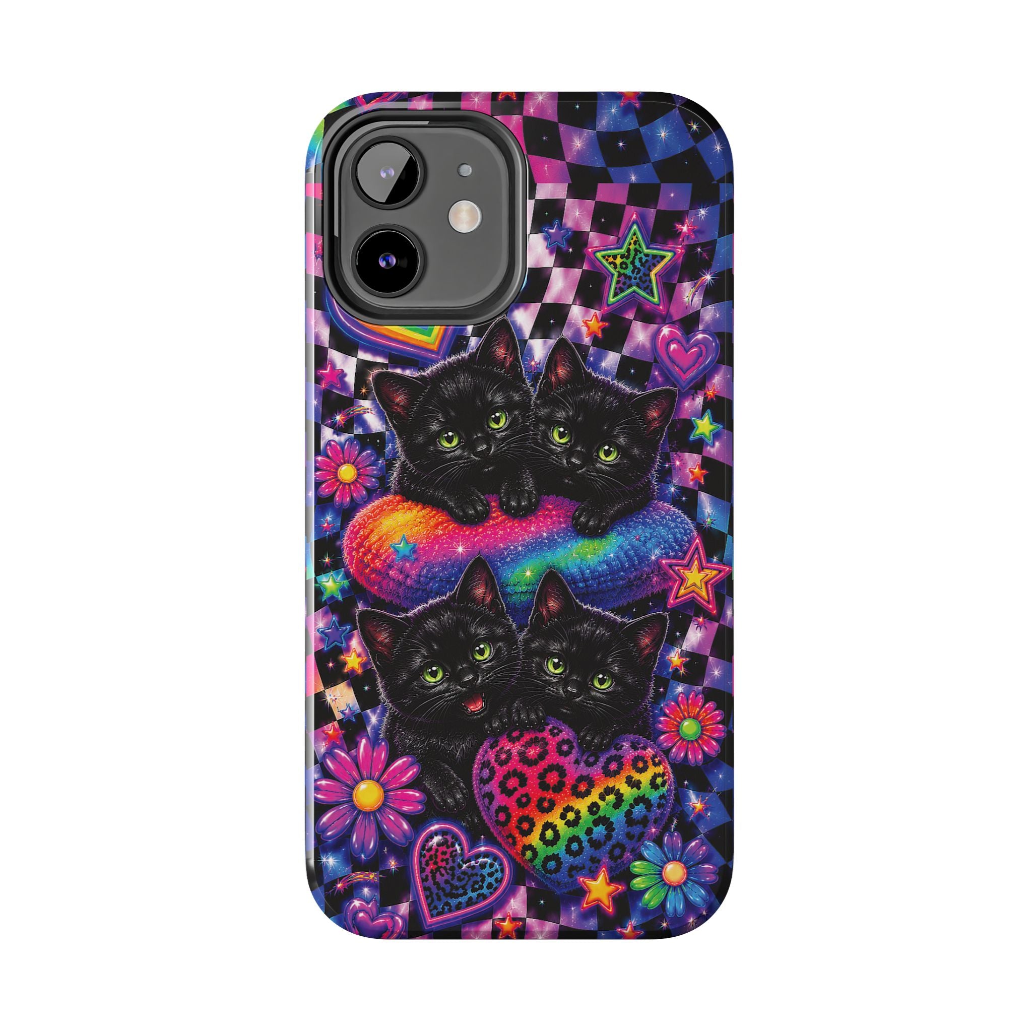 Cute 90's Retro Black Cats Phone Case | Neon Flowers, Checkerboard Design Iphone Samsung Phone Case