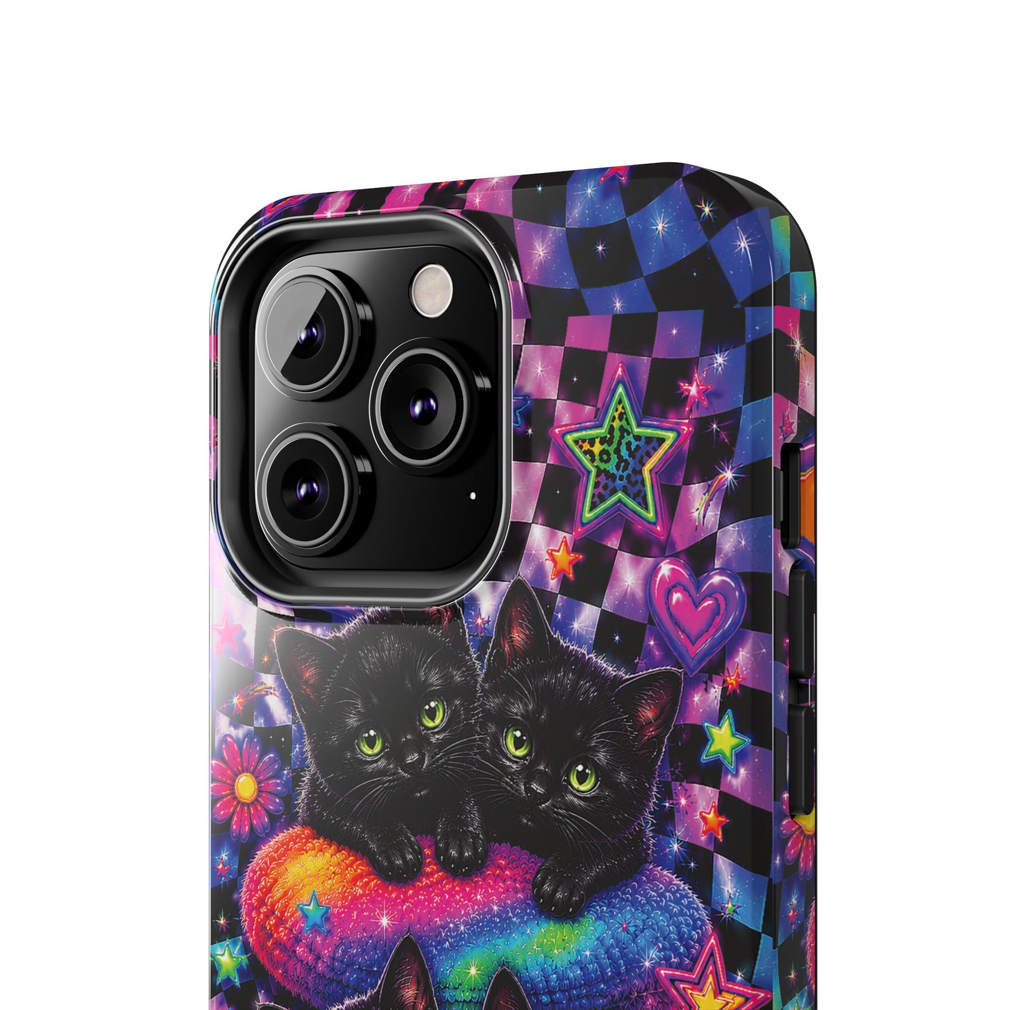 Cute 90's Retro Black Cats Phone Case | Neon Flowers, Checkerboard Design Iphone Samsung Phone Case