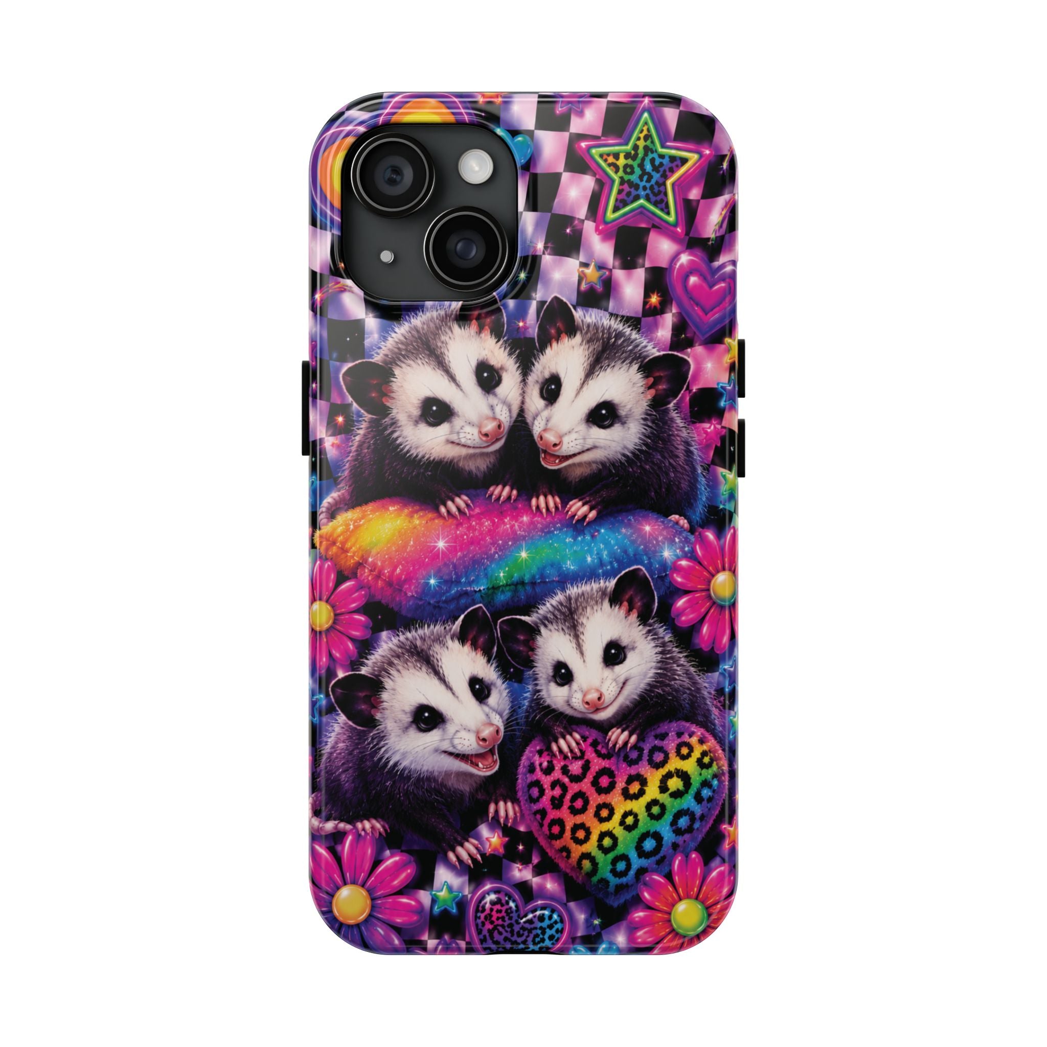 Cute 90's Retro Opossums Phone Case | Neon Flowers, Checkerboard Design Iphone Samsung Phone Case