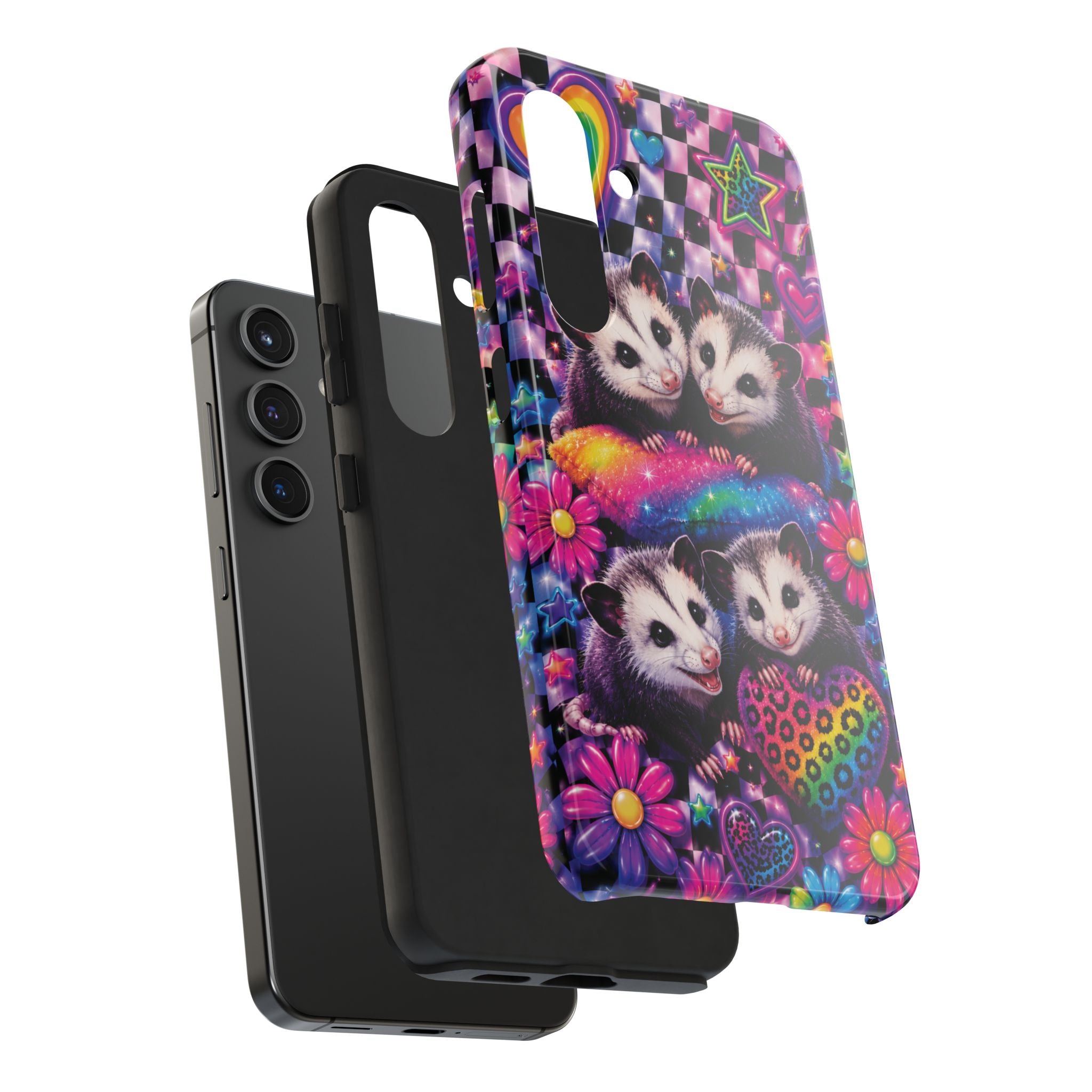 Cute 90's Retro Opossums Phone Case | Neon Flowers, Checkerboard Design Iphone Samsung Phone Case