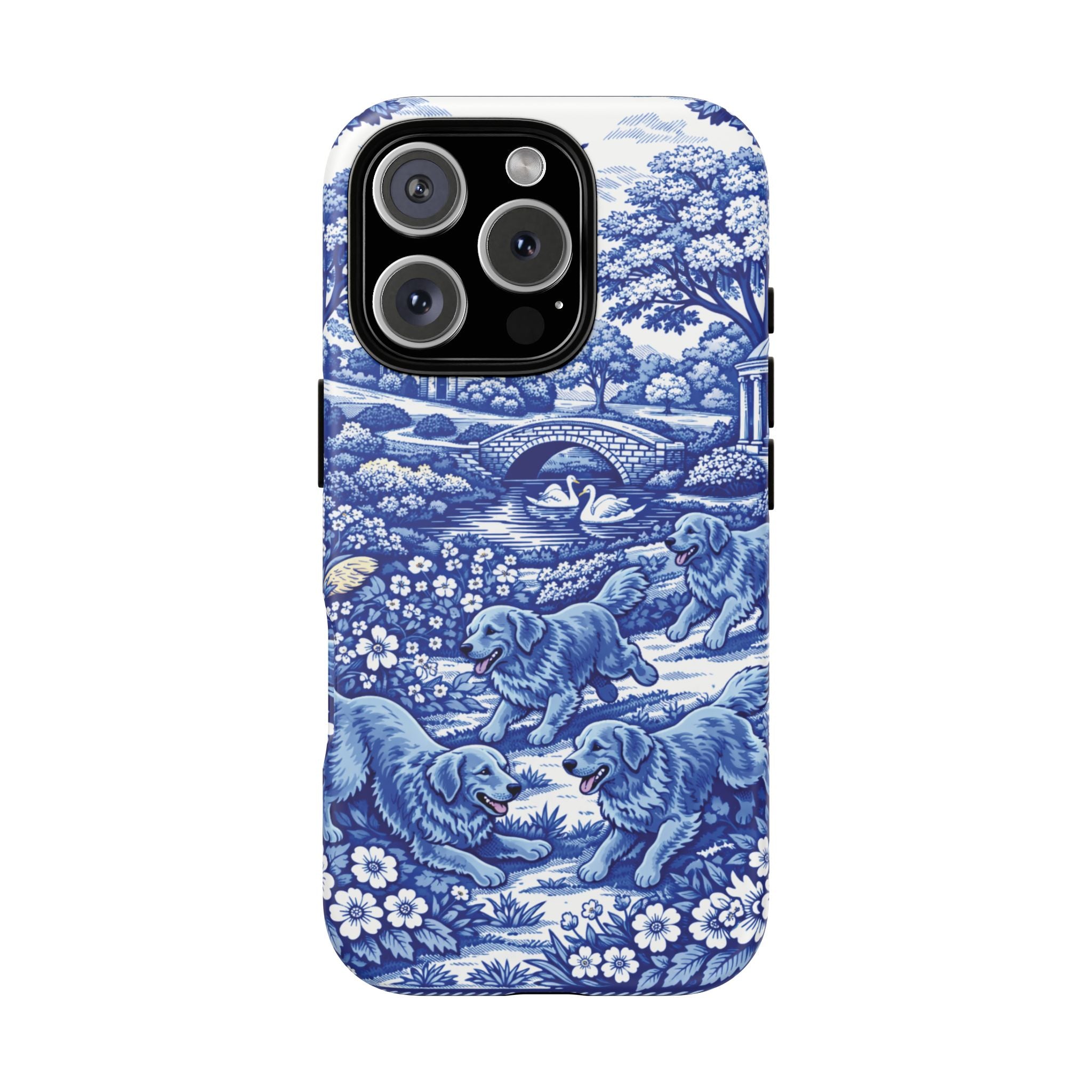 Golden Retriever Tough Phone Case, Chinoiserie Blue Dog Pattern, French Toile Aesthetic