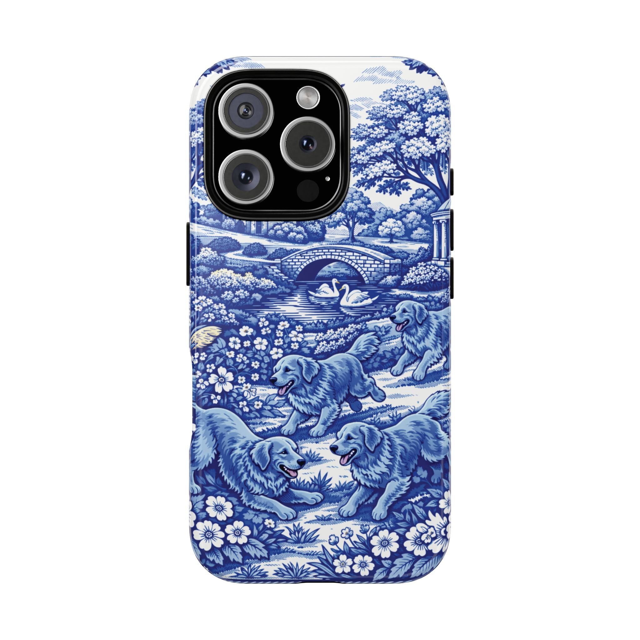 Golden Retriever Tough Phone Case, Chinoiserie Blue Dog Pattern, French Toile Aesthetic