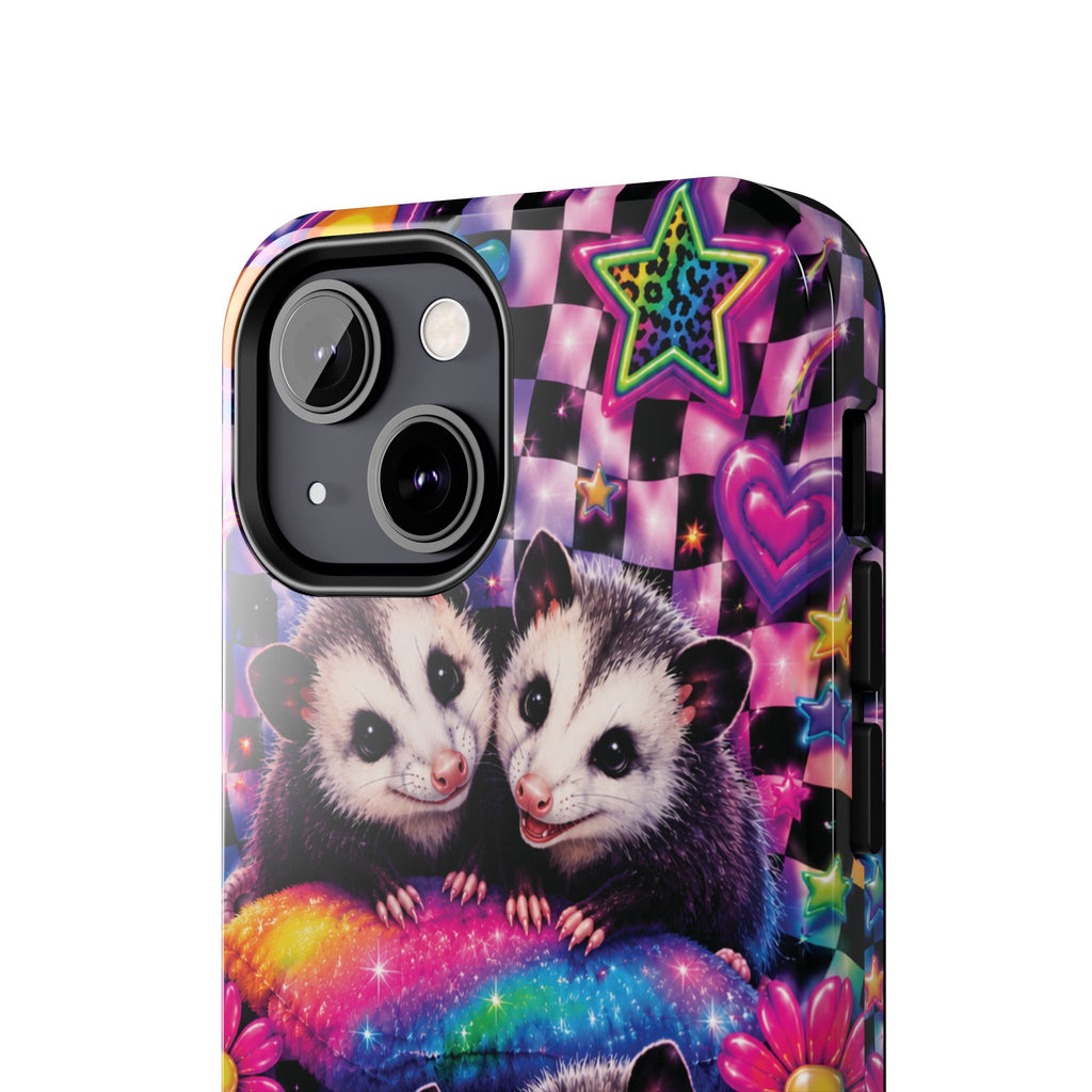 Cute 90's Retro Opossums Phone Case | Neon Flowers, Checkerboard Design Iphone Samsung Phone Case
