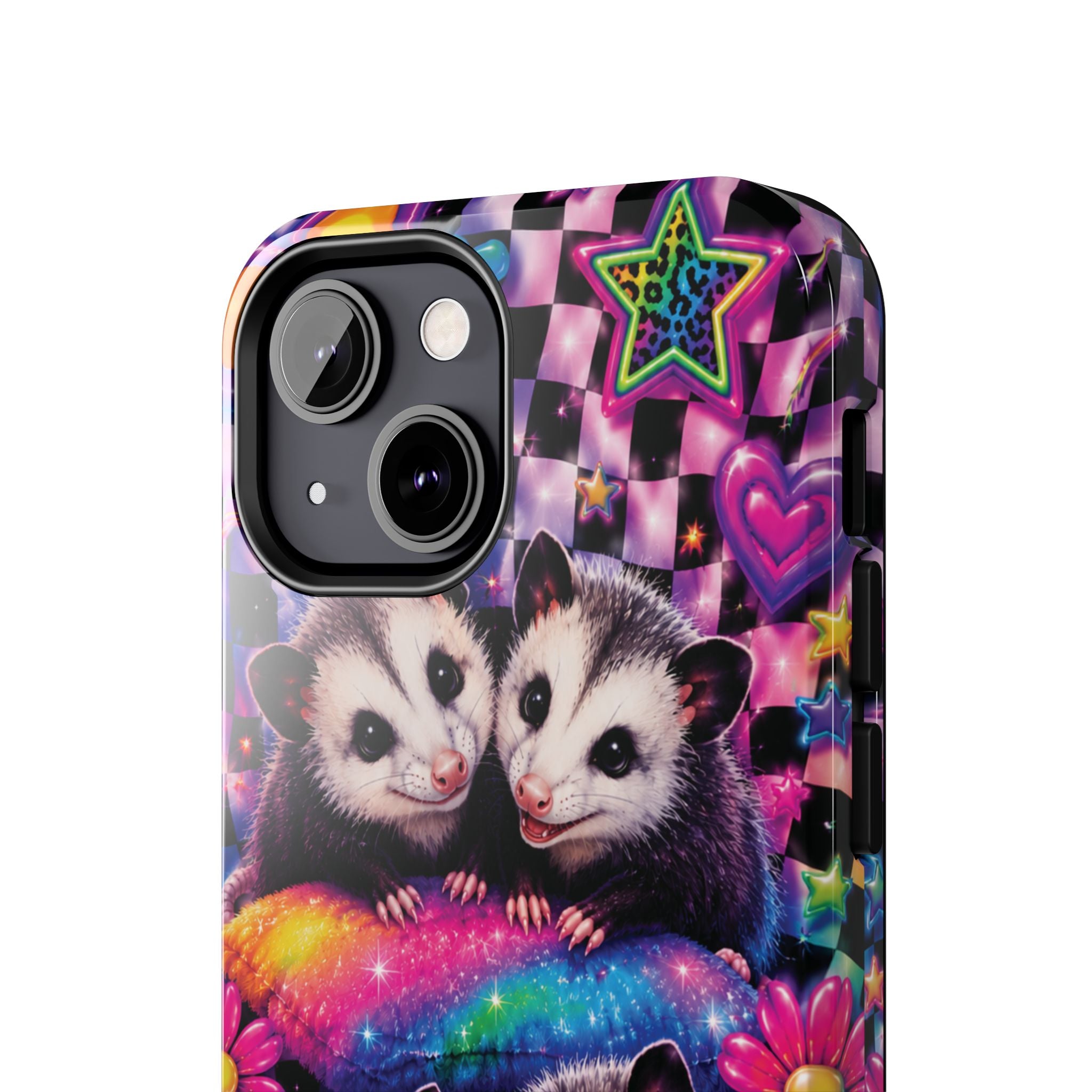 Cute 90's Retro Opossums Phone Case | Neon Flowers, Checkerboard Design Iphone Samsung Phone Case