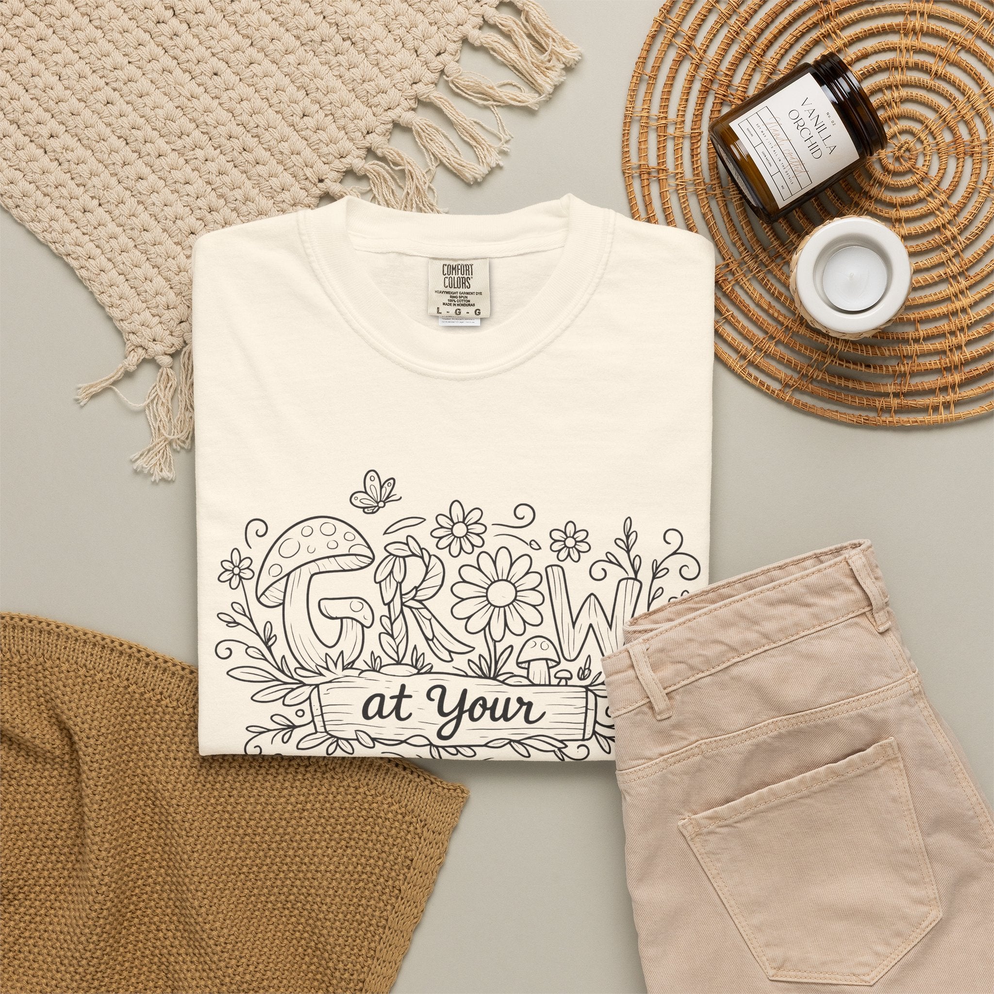 Grow at Your Own Pace Shirt, Comfort Colors Tee, Wildflower Mushroom Doodle Design, Minimalist Botanical Tee | Cottagecore Nature Graphic