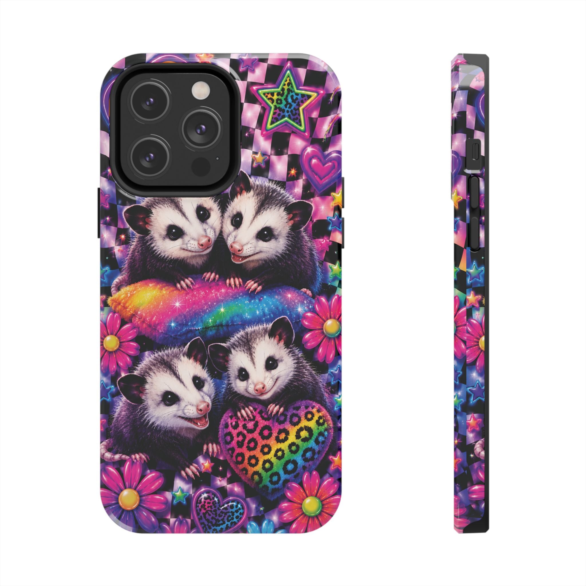 Cute 90's Retro Opossums Phone Case | Neon Flowers, Checkerboard Design Iphone Samsung Phone Case