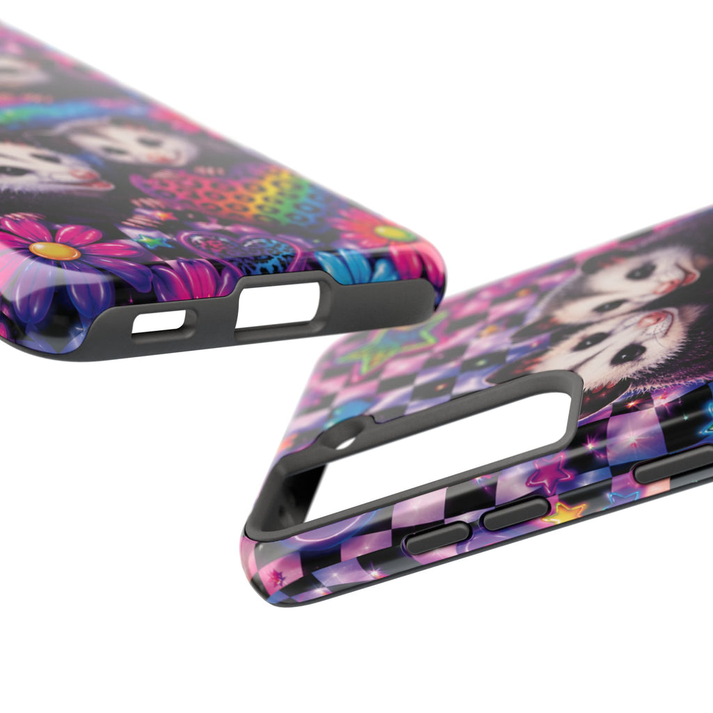 Cute 90's Retro Opossums Phone Case | Neon Flowers, Checkerboard Design Iphone Samsung Phone Case