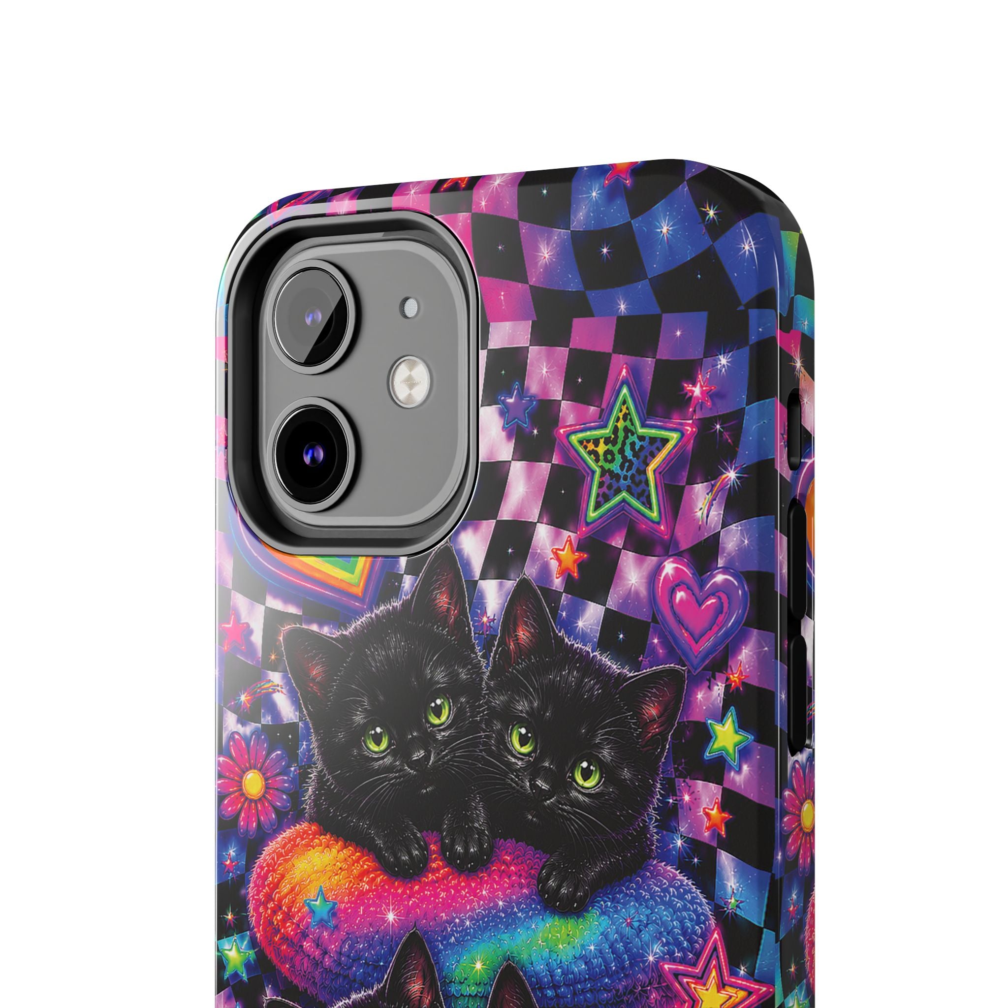 Cute 90's Retro Black Cats Phone Case | Neon Flowers, Checkerboard Design Iphone Samsung Phone Case
