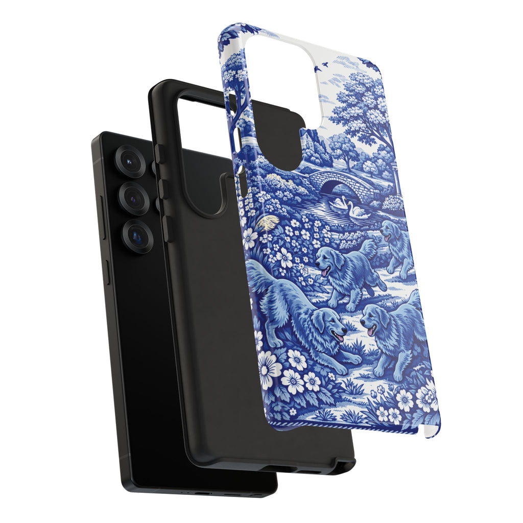 Golden Retriever Tough Phone Case, Chinoiserie Blue Dog Pattern, French Toile Aesthetic