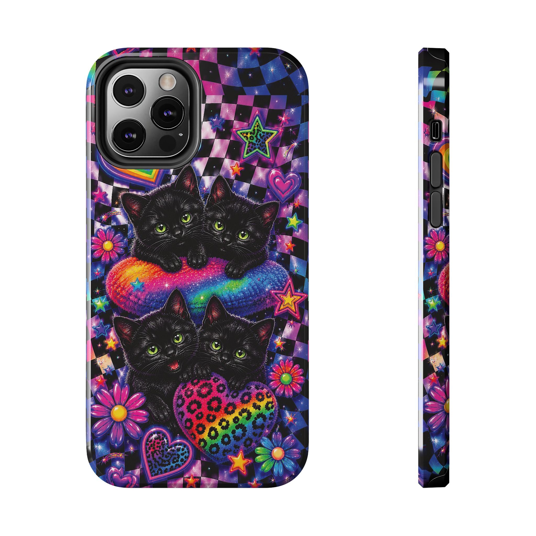 Cute 90's Retro Black Cats Phone Case | Neon Flowers, Checkerboard Design Iphone Samsung Phone Case