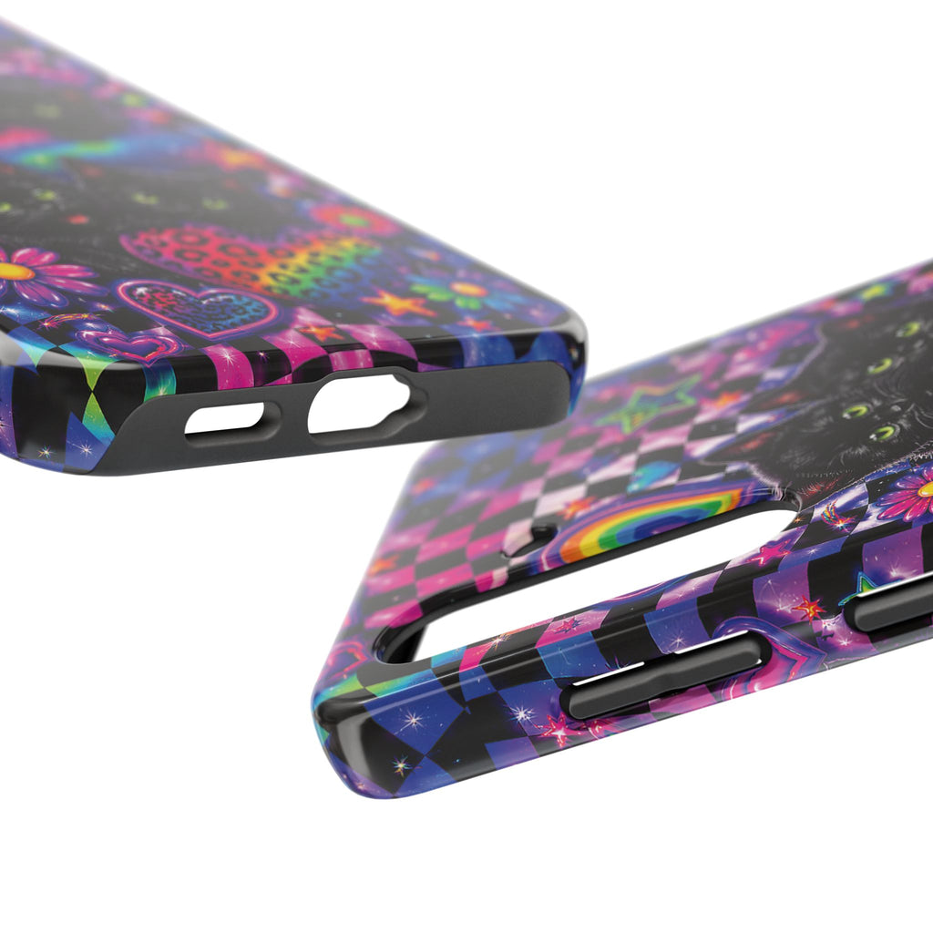 Cute 90's Retro Black Cats Phone Case | Neon Flowers, Checkerboard Design Iphone Samsung Phone Case