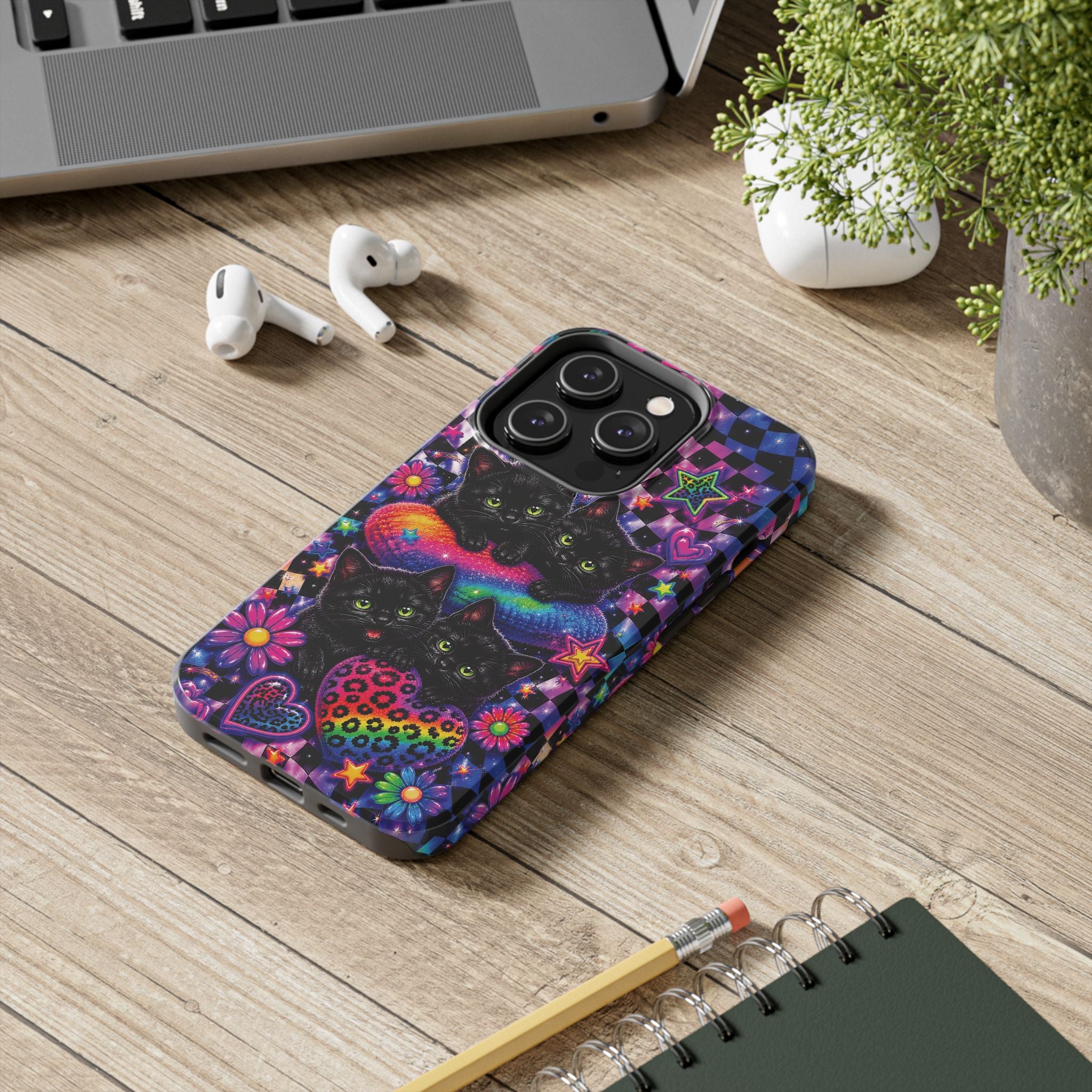 Cute 90's Retro Black Cats Phone Case | Neon Flowers, Checkerboard Design Iphone Samsung Phone Case