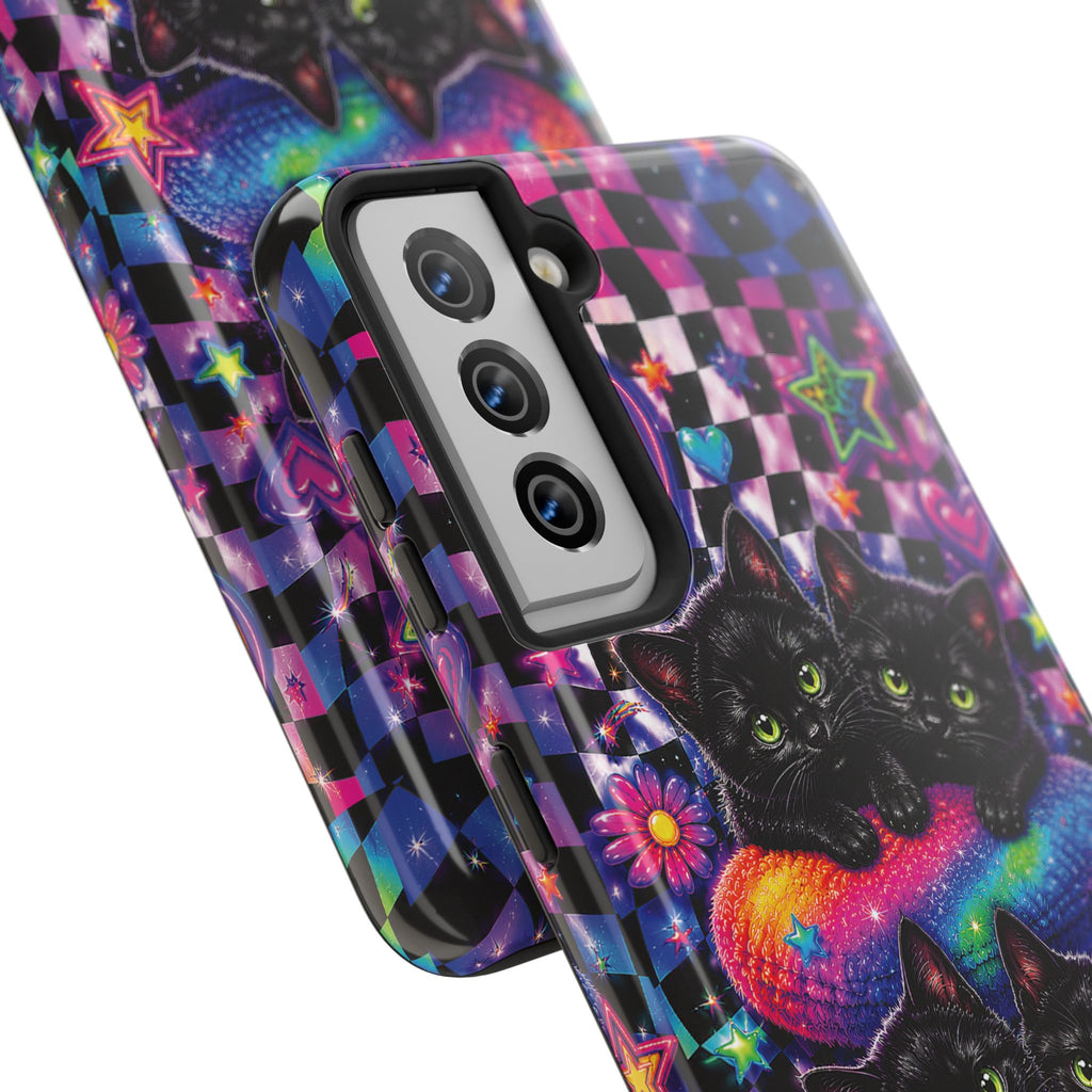 Cute 90's Retro Black Cats Phone Case | Neon Flowers, Checkerboard Design Iphone Samsung Phone Case