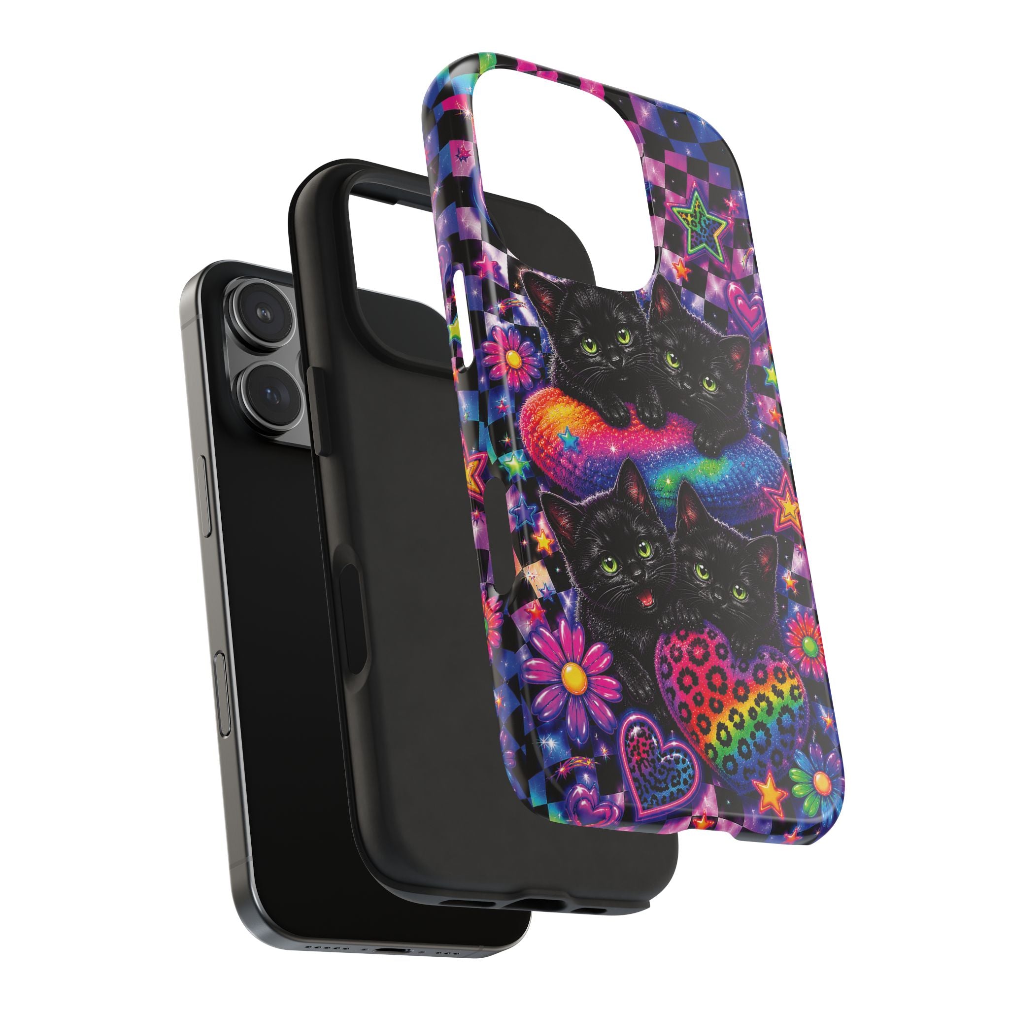 Cute 90's Retro Black Cats Phone Case | Neon Flowers, Checkerboard Design Iphone Samsung Phone Case