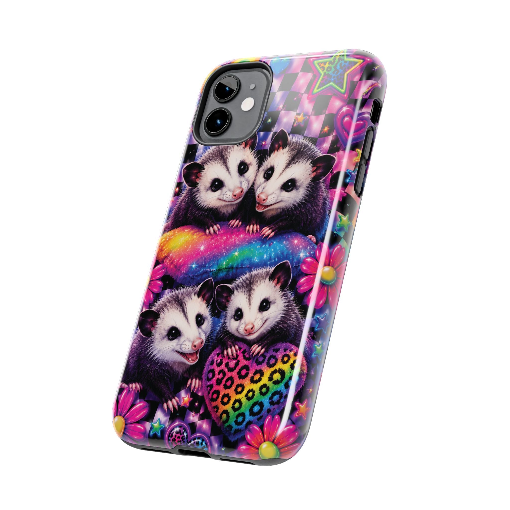 Cute 90's Retro Opossums Phone Case | Neon Flowers, Checkerboard Design Iphone Samsung Phone Case
