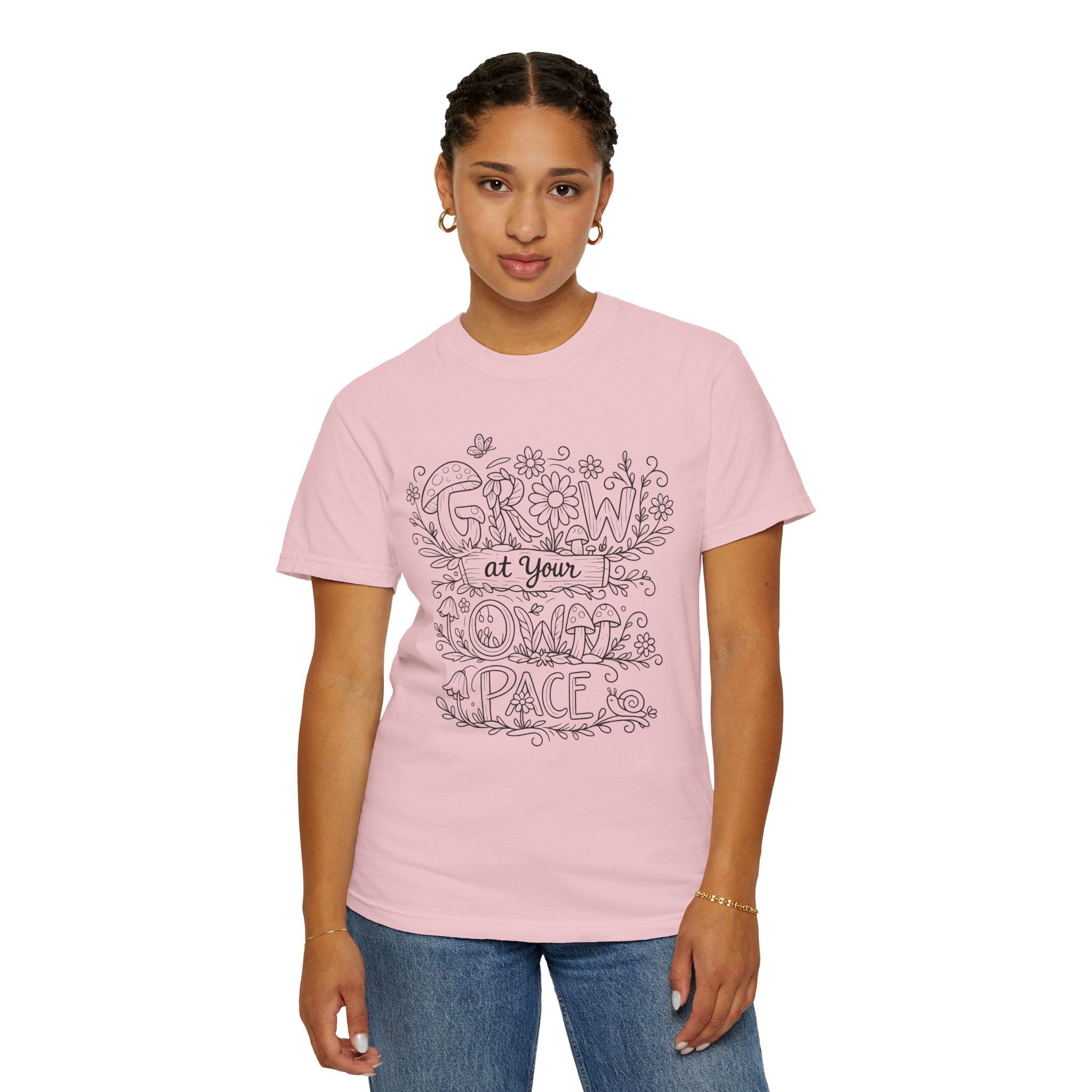 Grow at Your Own Pace Shirt, Comfort Colors Tee, Wildflower Mushroom Doodle Design, Minimalist Botanical Tee | Cottagecore Nature Graphic
