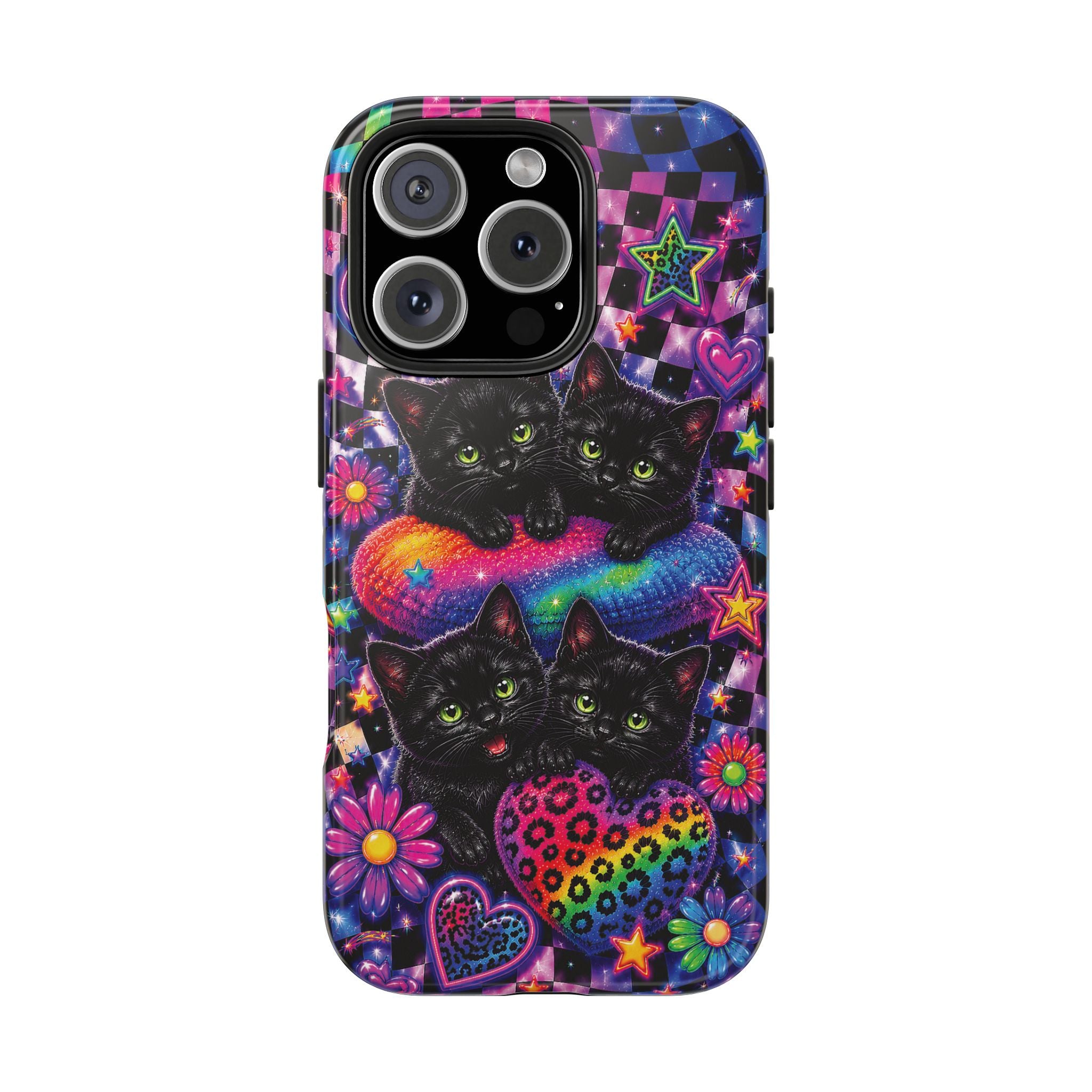 Cute 90's Retro Black Cats Phone Case | Neon Flowers, Checkerboard Design Iphone Samsung Phone Case
