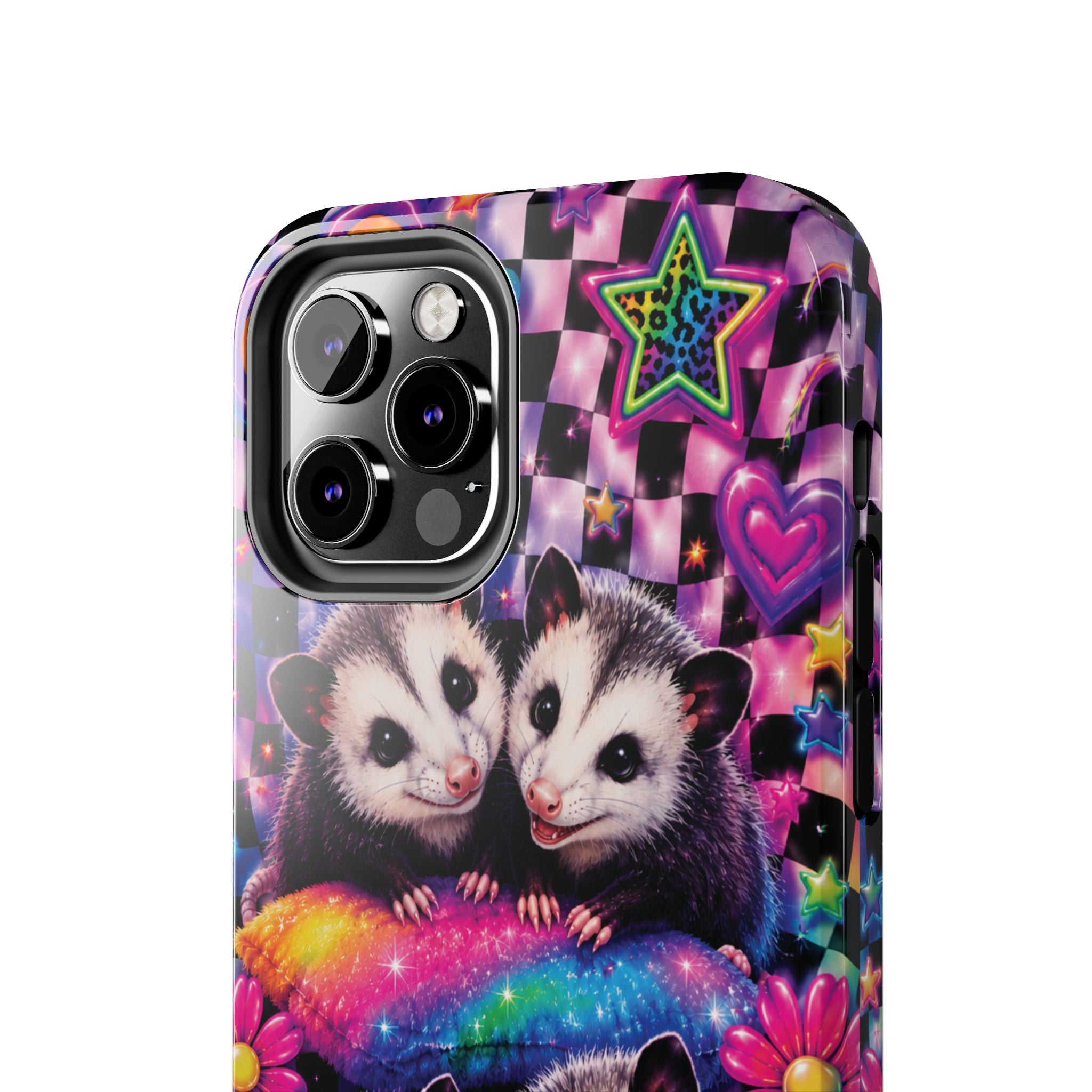 Cute 90's Retro Opossums Phone Case | Neon Flowers, Checkerboard Design Iphone Samsung Phone Case
