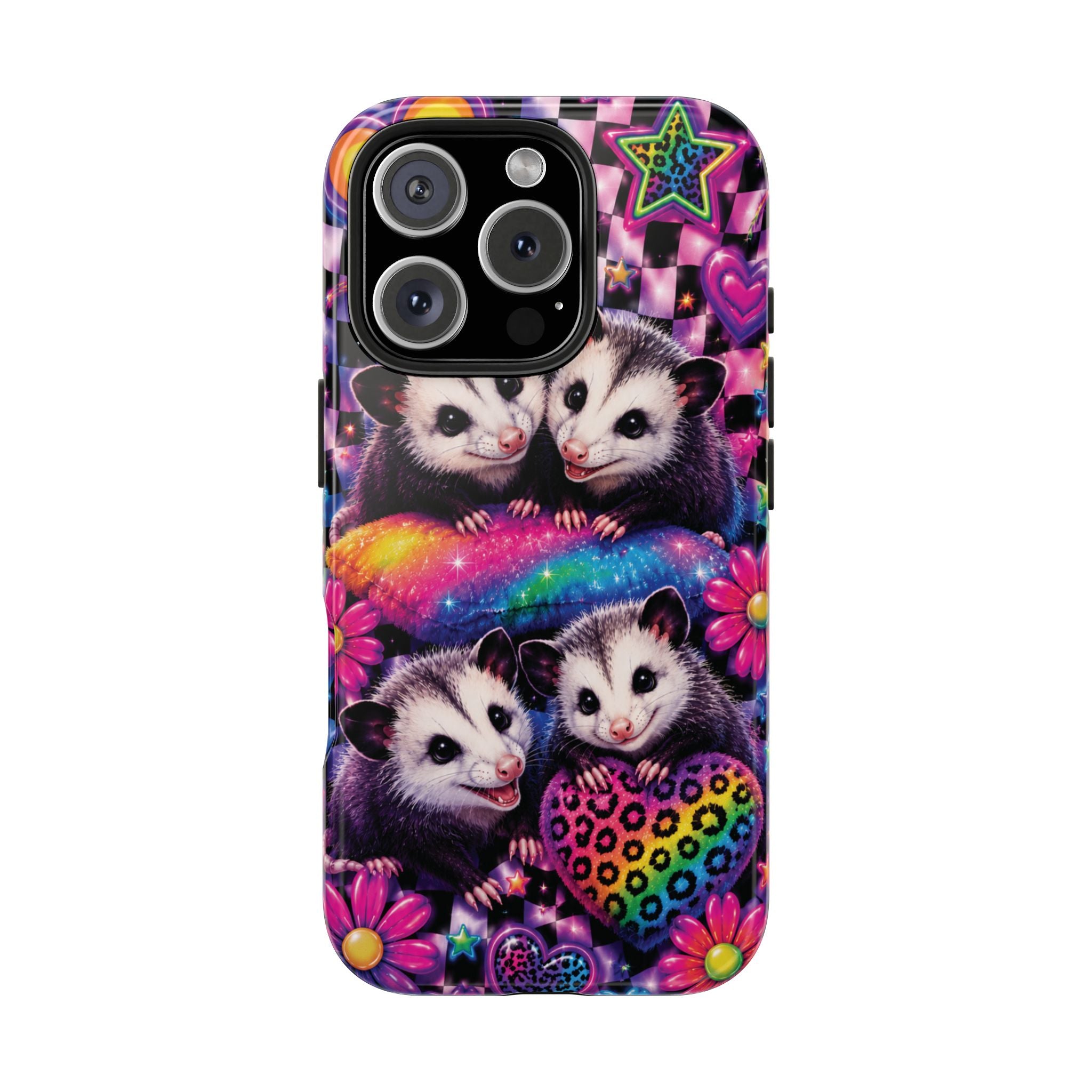 Cute 90's Retro Opossums Phone Case | Neon Flowers, Checkerboard Design Iphone Samsung Phone Case