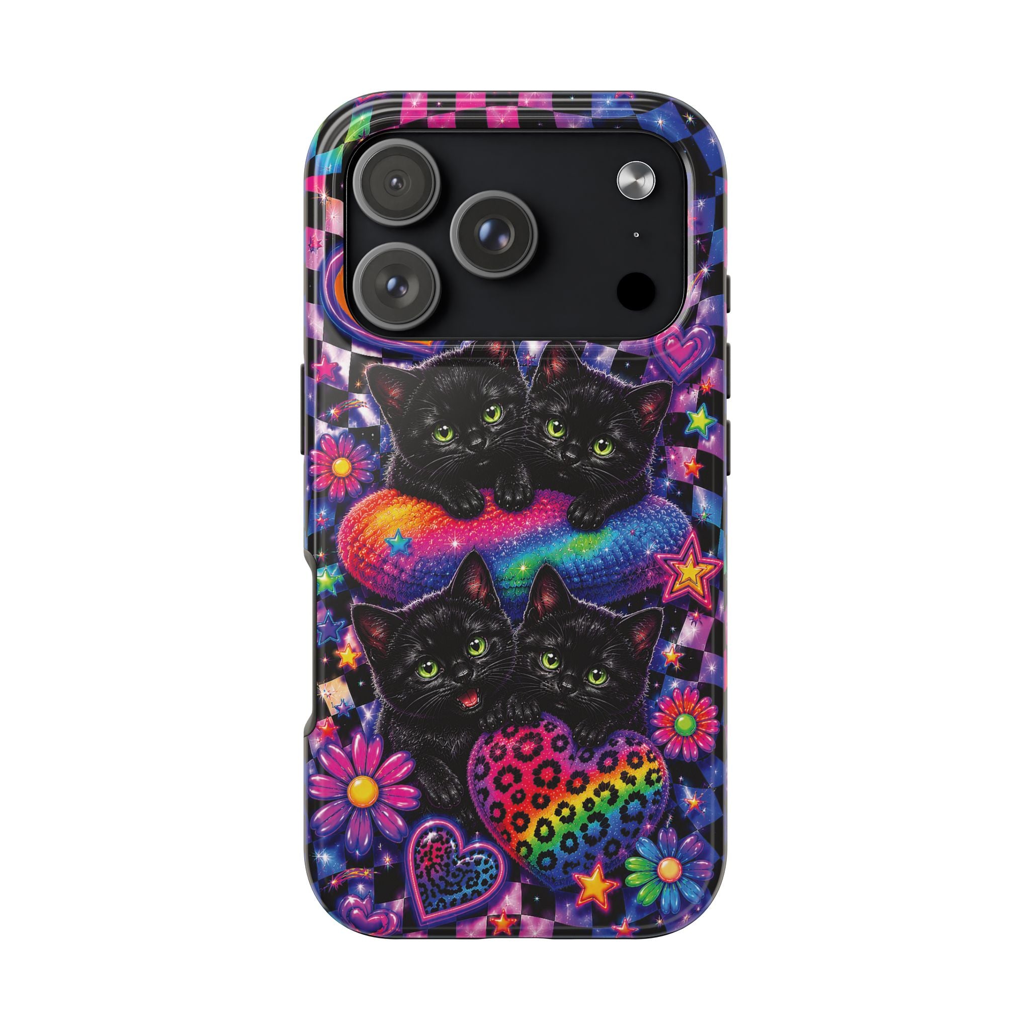 Cute 90's Retro Black Cats Phone Case | Neon Flowers, Checkerboard Design Iphone Samsung Phone Case