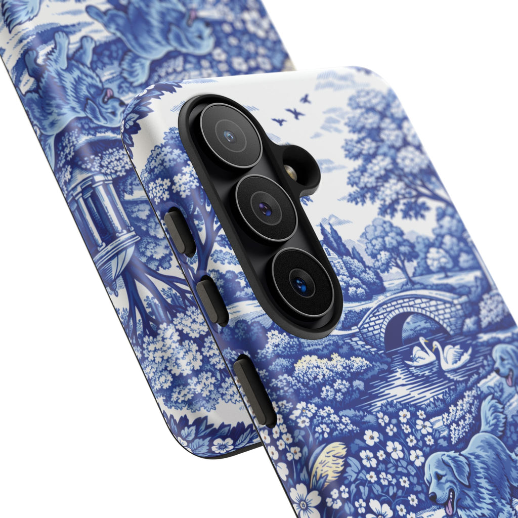 Golden Retriever Tough Phone Case, Chinoiserie Blue Dog Pattern, French Toile Aesthetic