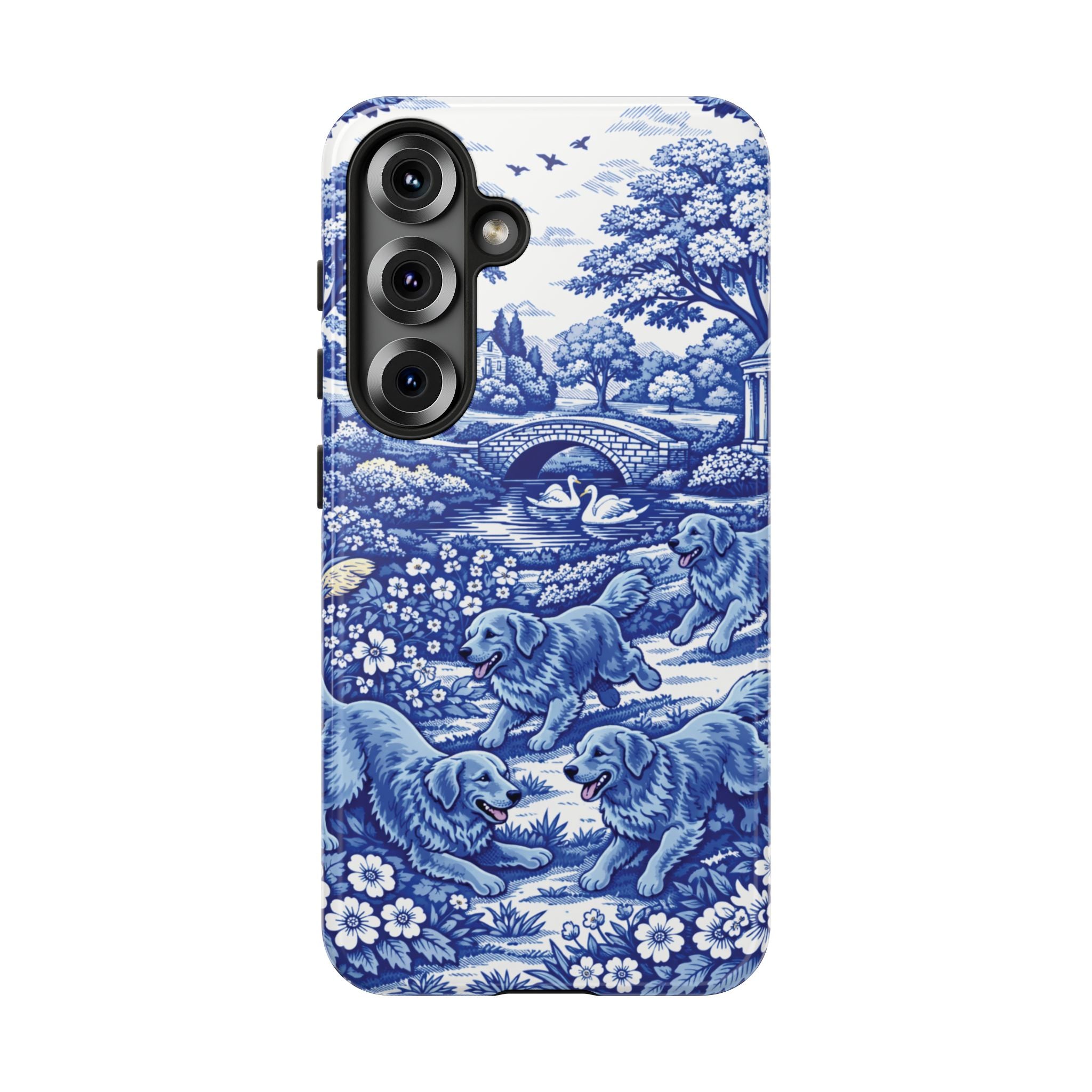Golden Retriever Tough Phone Case, Chinoiserie Blue Dog Pattern, French Toile Aesthetic