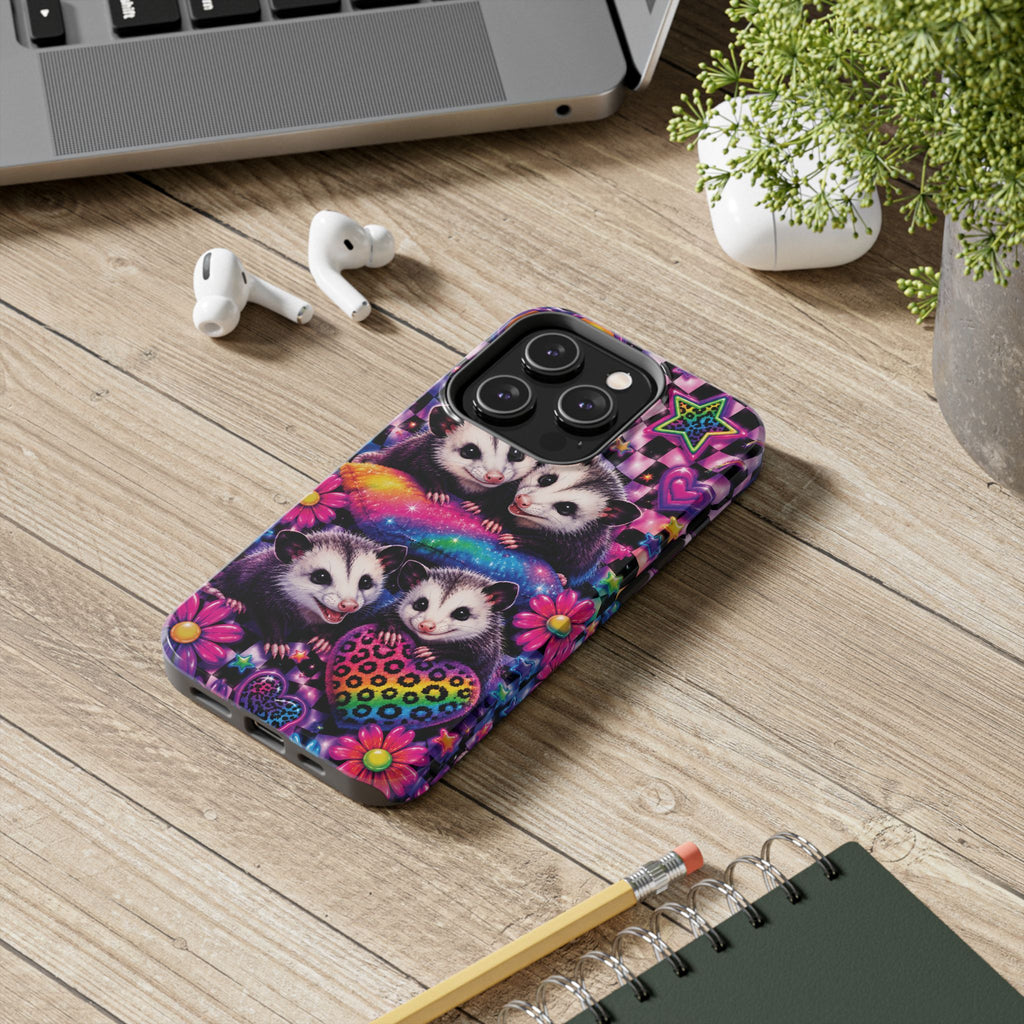 Cute 90's Retro Opossums Phone Case | Neon Flowers, Checkerboard Design Iphone Samsung Phone Case