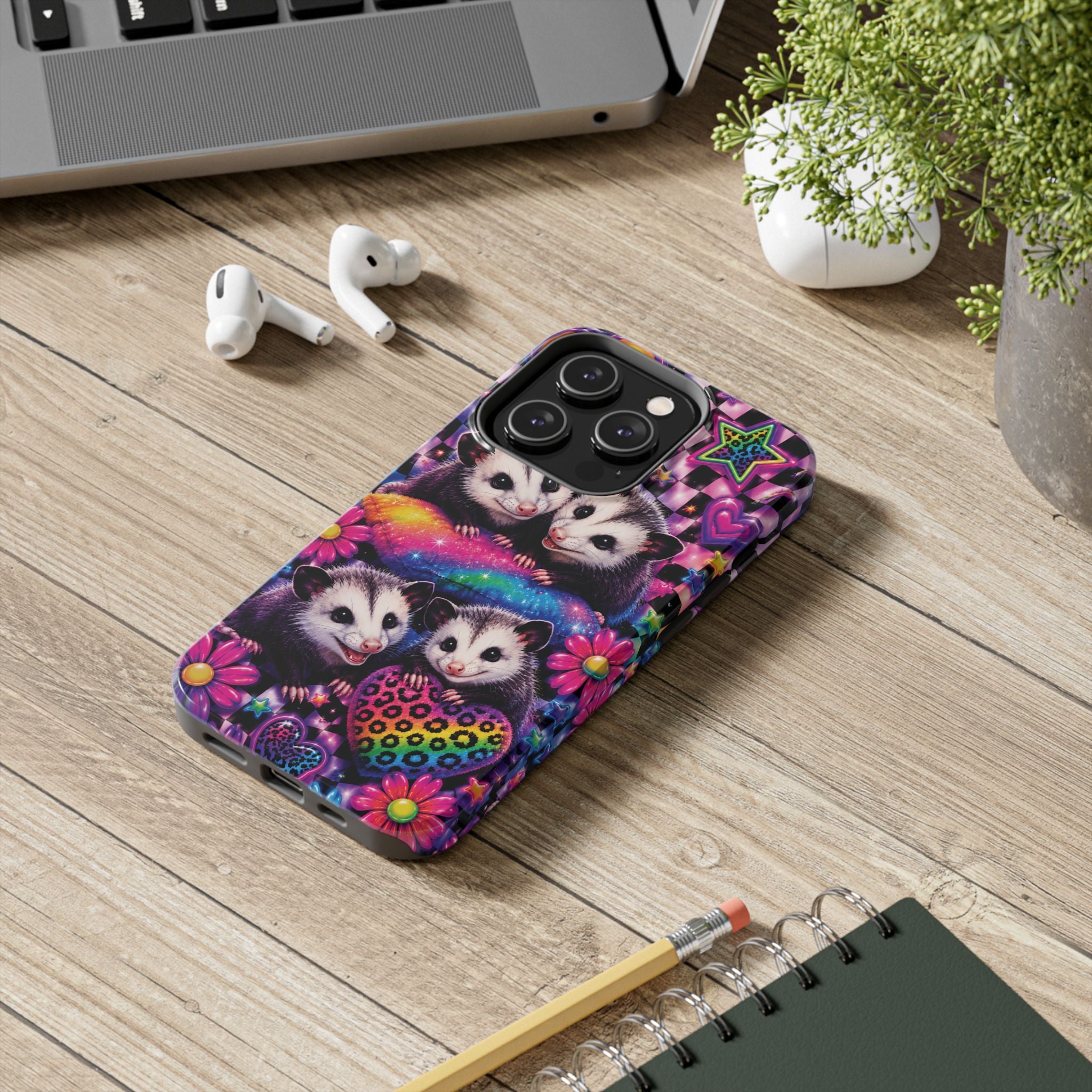 Cute 90's Retro Opossums Phone Case | Neon Flowers, Checkerboard Design Iphone Samsung Phone Case