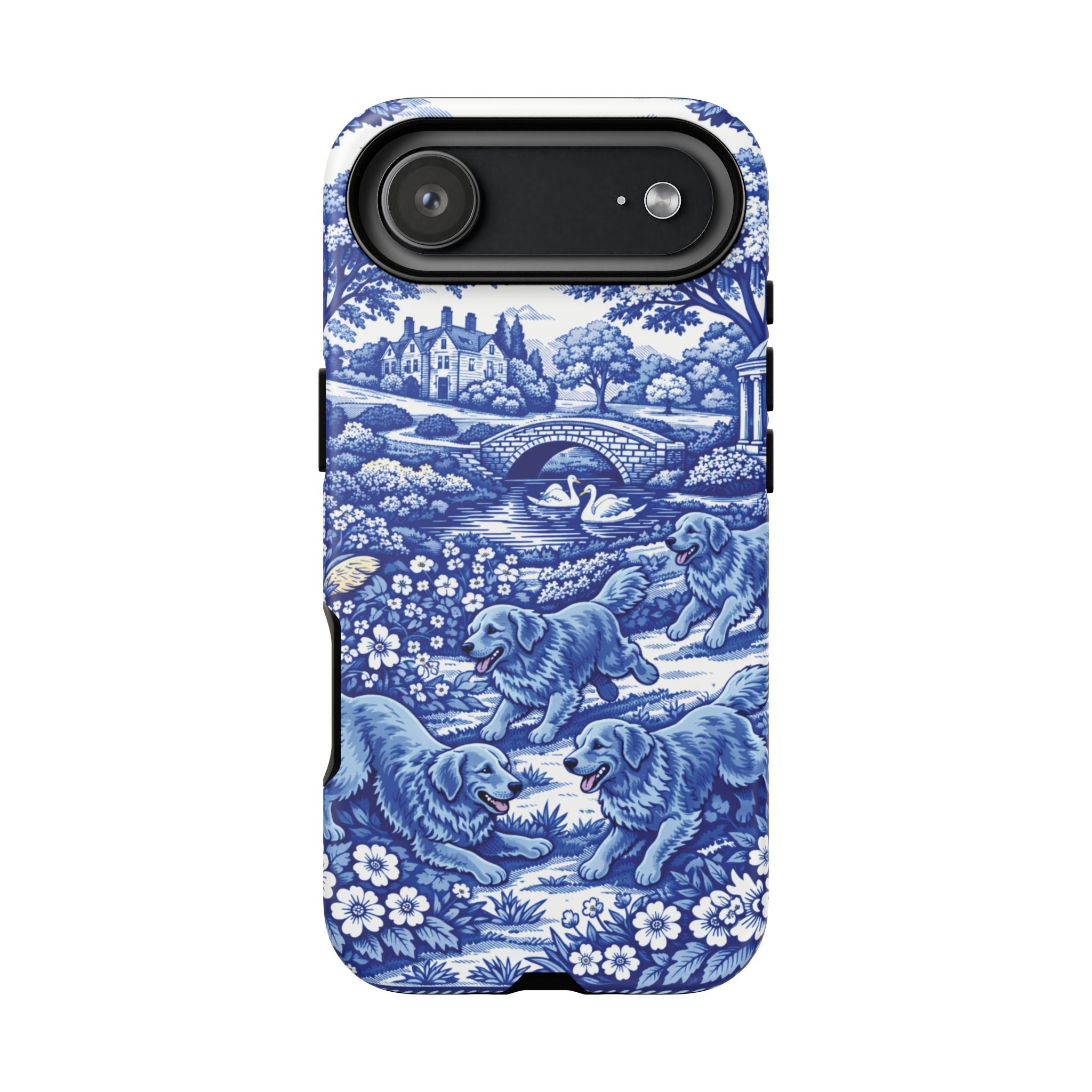 Golden Retriever Tough Phone Case, Chinoiserie Blue Dog Pattern, French Toile Aesthetic