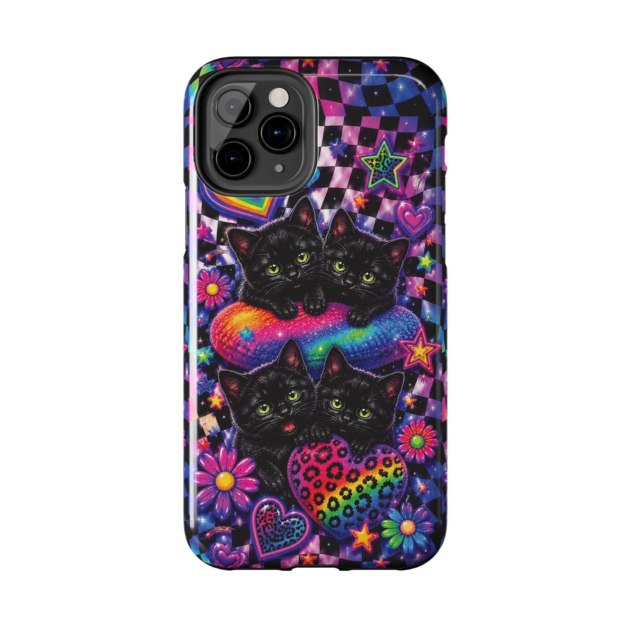 Cute 90's Retro Black Cats Phone Case | Neon Flowers, Checkerboard Design Iphone Samsung Phone Case
