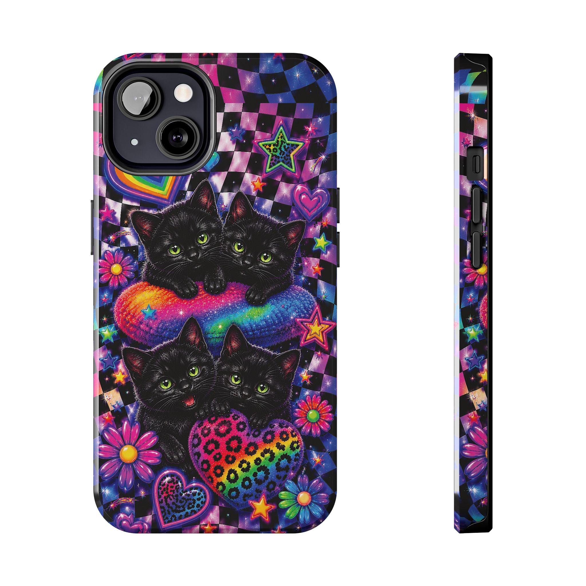 Cute 90's Retro Black Cats Phone Case | Neon Flowers, Checkerboard Design Iphone Samsung Phone Case