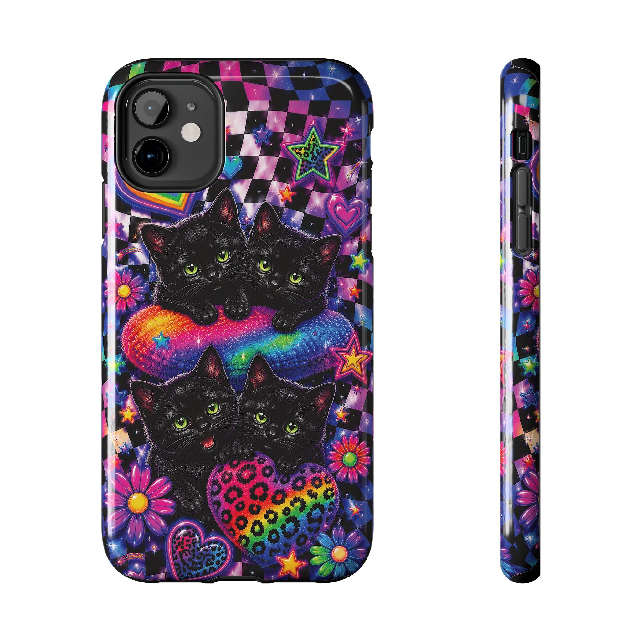 Cute 90's Retro Black Cats Phone Case | Neon Flowers, Checkerboard Design Iphone Samsung Phone Case