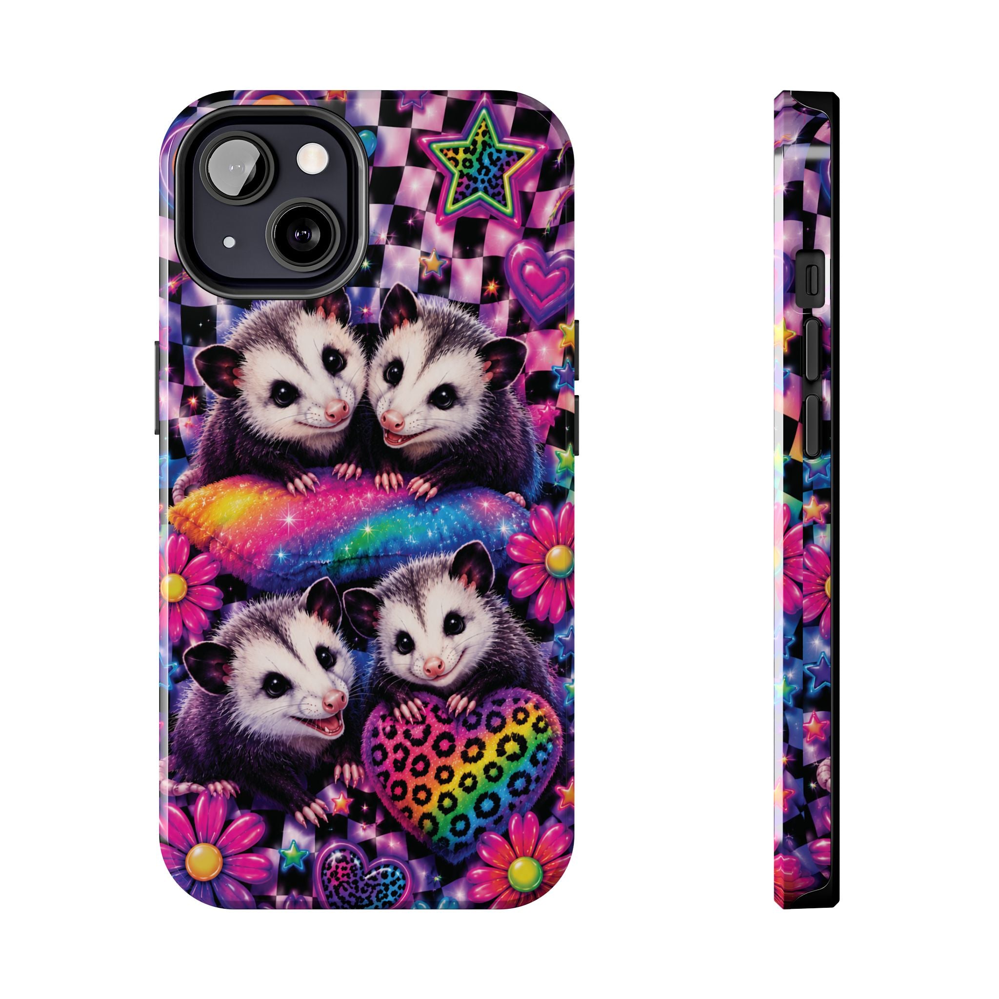 Cute 90's Retro Opossums Phone Case | Neon Flowers, Checkerboard Design Iphone Samsung Phone Case