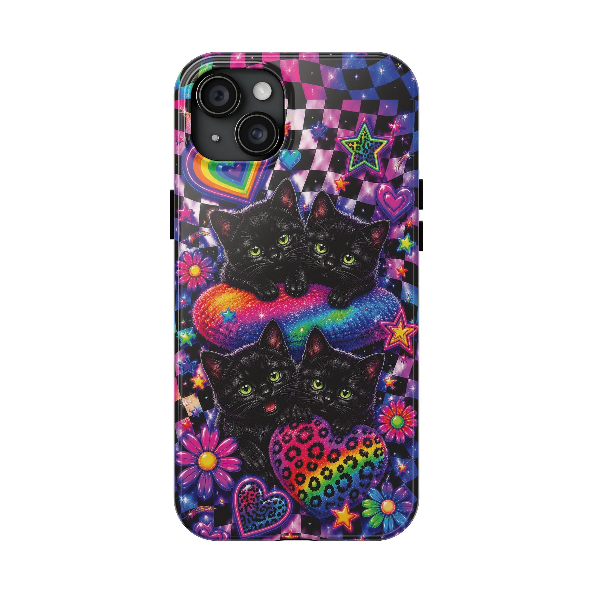 Cute 90's Retro Black Cats Phone Case | Neon Flowers, Checkerboard Design Iphone Samsung Phone Case