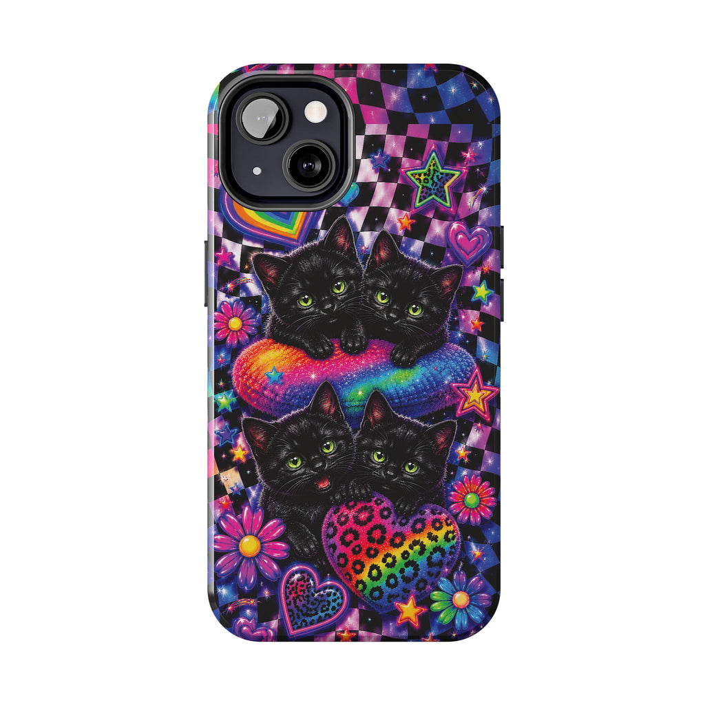 Cute 90's Retro Black Cats Phone Case | Neon Flowers, Checkerboard Design Iphone Samsung Phone Case