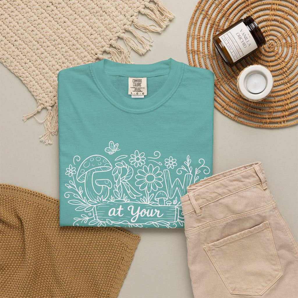 Grow at Your Own Pace Shirt, Comfort Colors Tee, Wildflower Mushroom Doodle Design, Minimalist Botanical Tee | Cottagecore Nature Graphic
