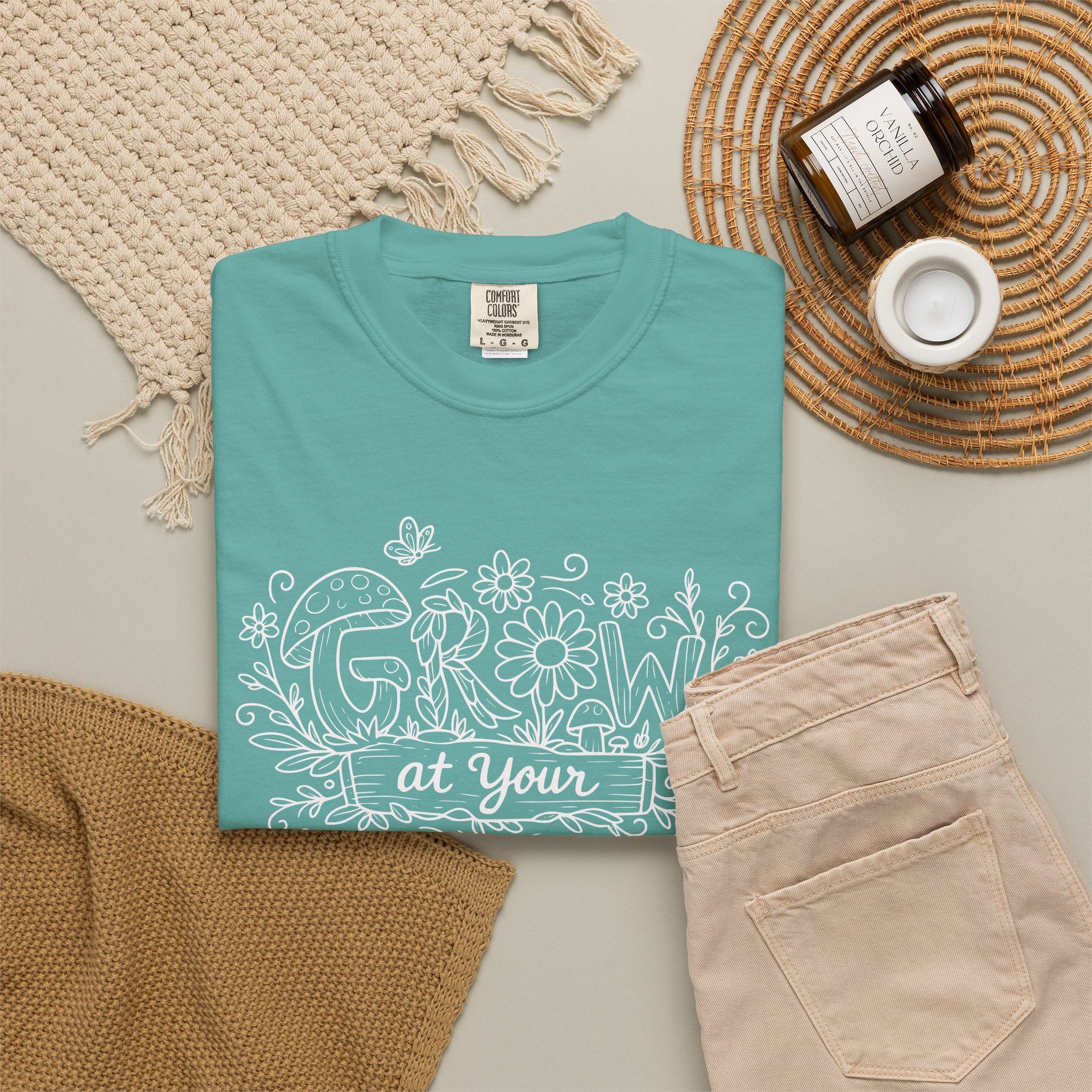 Grow at Your Own Pace Shirt, Comfort Colors Tee, Wildflower Mushroom Doodle Design, Minimalist Botanical Tee | Cottagecore Nature Graphic